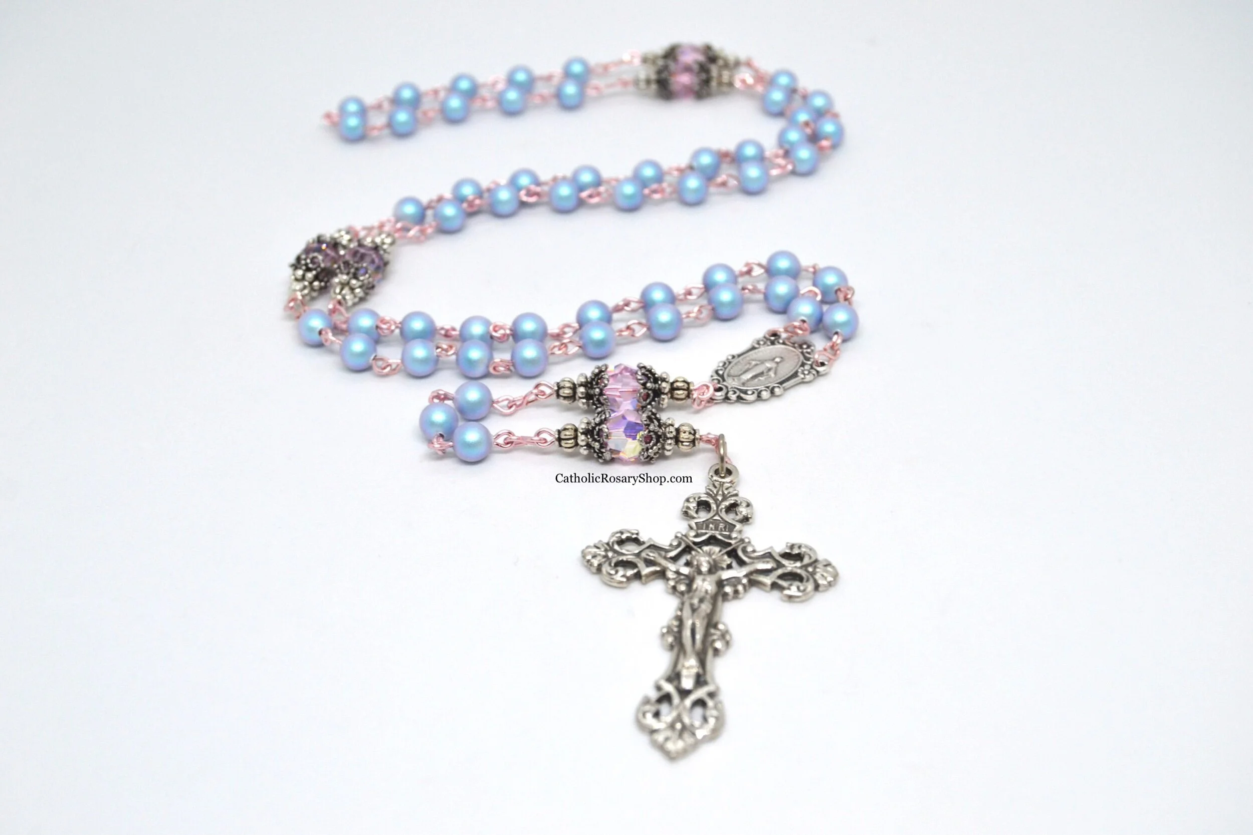 Iridescent Light Blue Pearl and Pink Crystal on Rose Gold Colored Wire | Personalized Rosary Gifts for Women and Girls | Custom Rosary Beads for Baptism, First Communion, Confirmation and Weddings