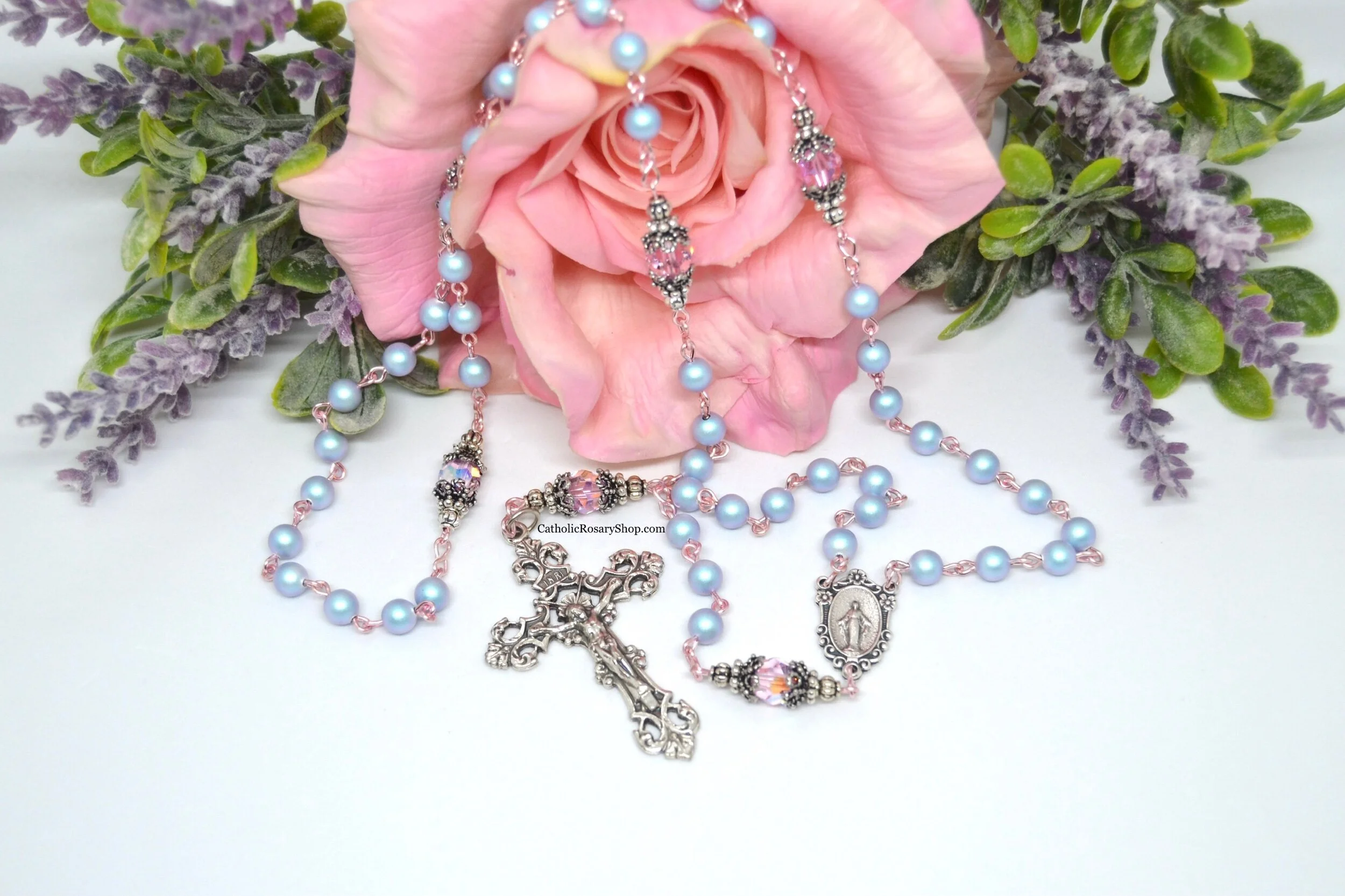 Iridescent Light Blue Pearl and Pink Crystal on Rose Gold Colored Wire | Personalized Rosary Gifts for Women and Girls | Custom Rosary Beads for Baptism, First Communion, Confirmation and Weddings