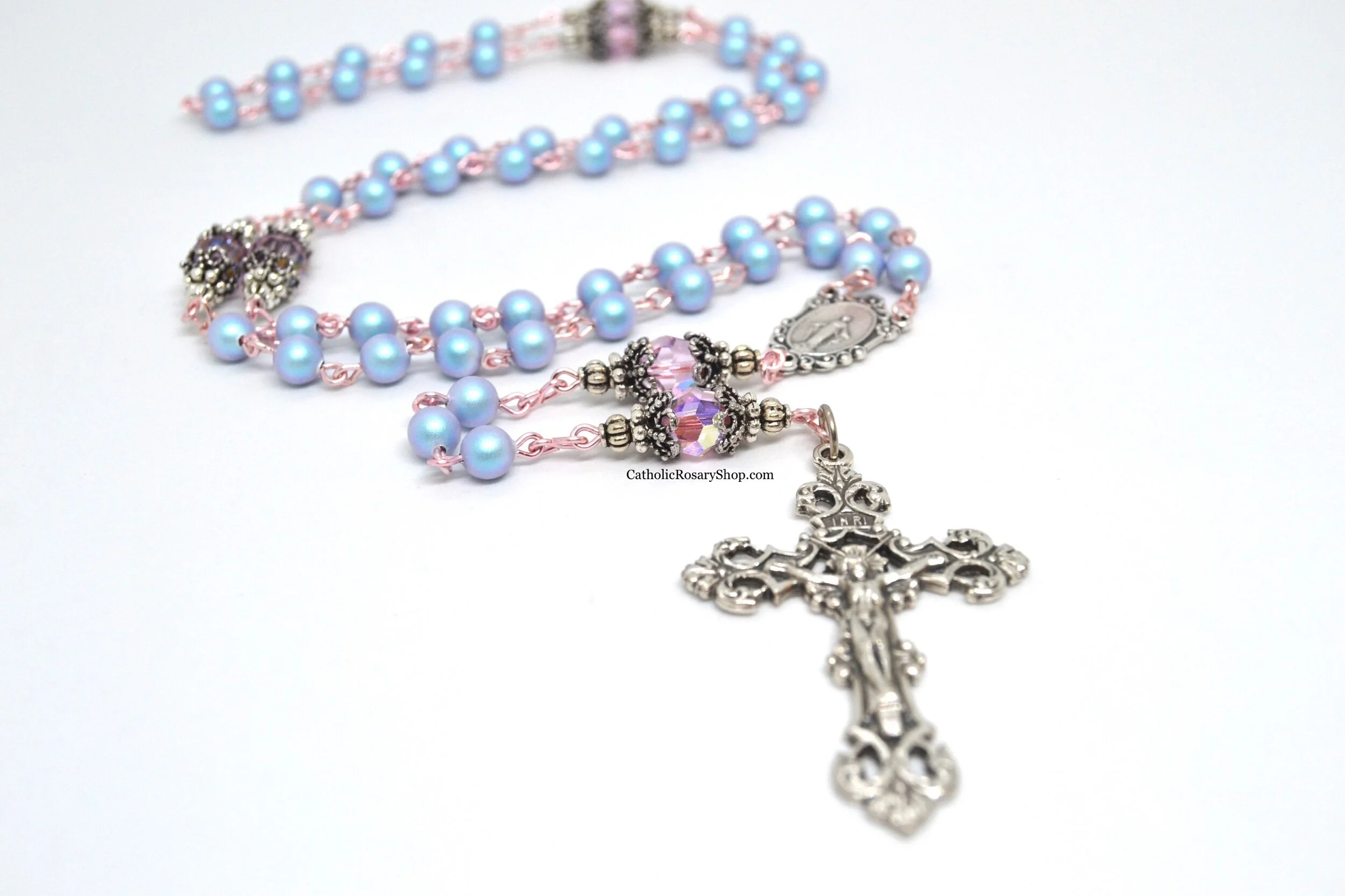 Iridescent Light Blue Pearl and Light Pink Crystal Rosary on Rose Gold Wire