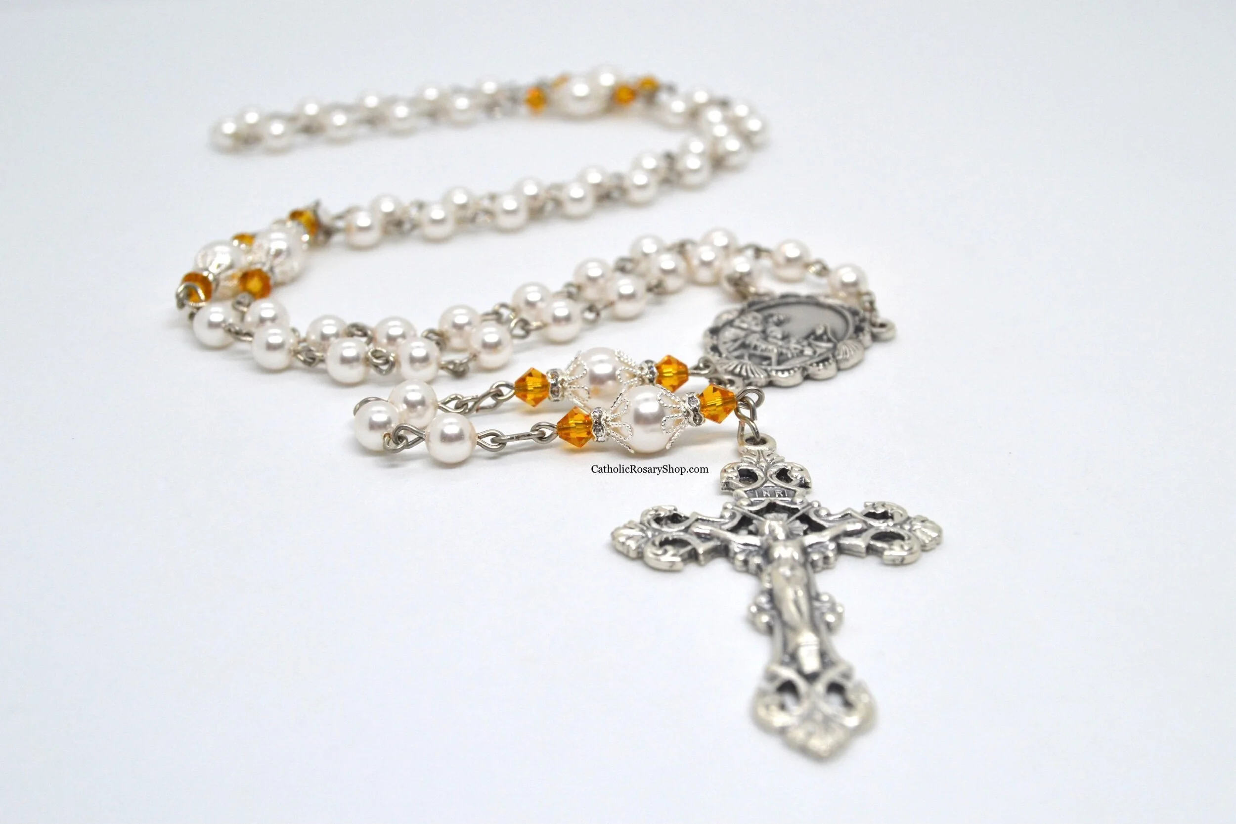 Topaz Crystal and White Pearl Rosary | November Birthstone Rosary