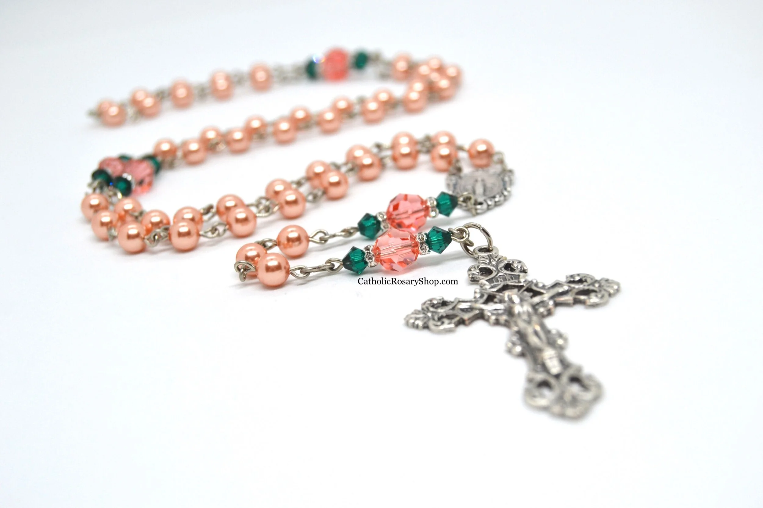Rose Peach Pearl and Emerald Crystal Rosary | Personalized Rosary Gifts for Mom, Godmother and Goddaughter | Custom Rosaries