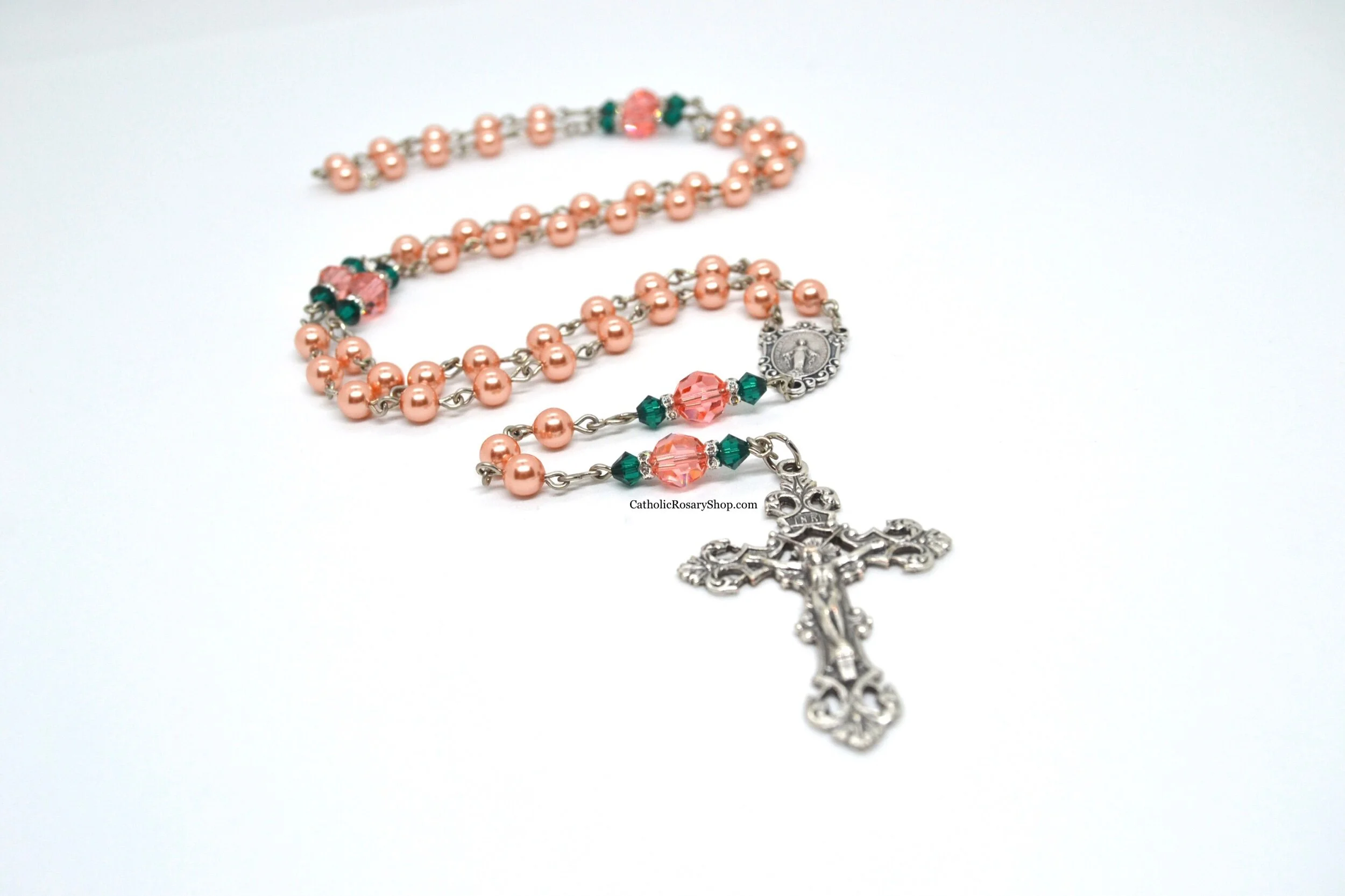 Rose Peach and Emerald Austrian Crystal Rosary