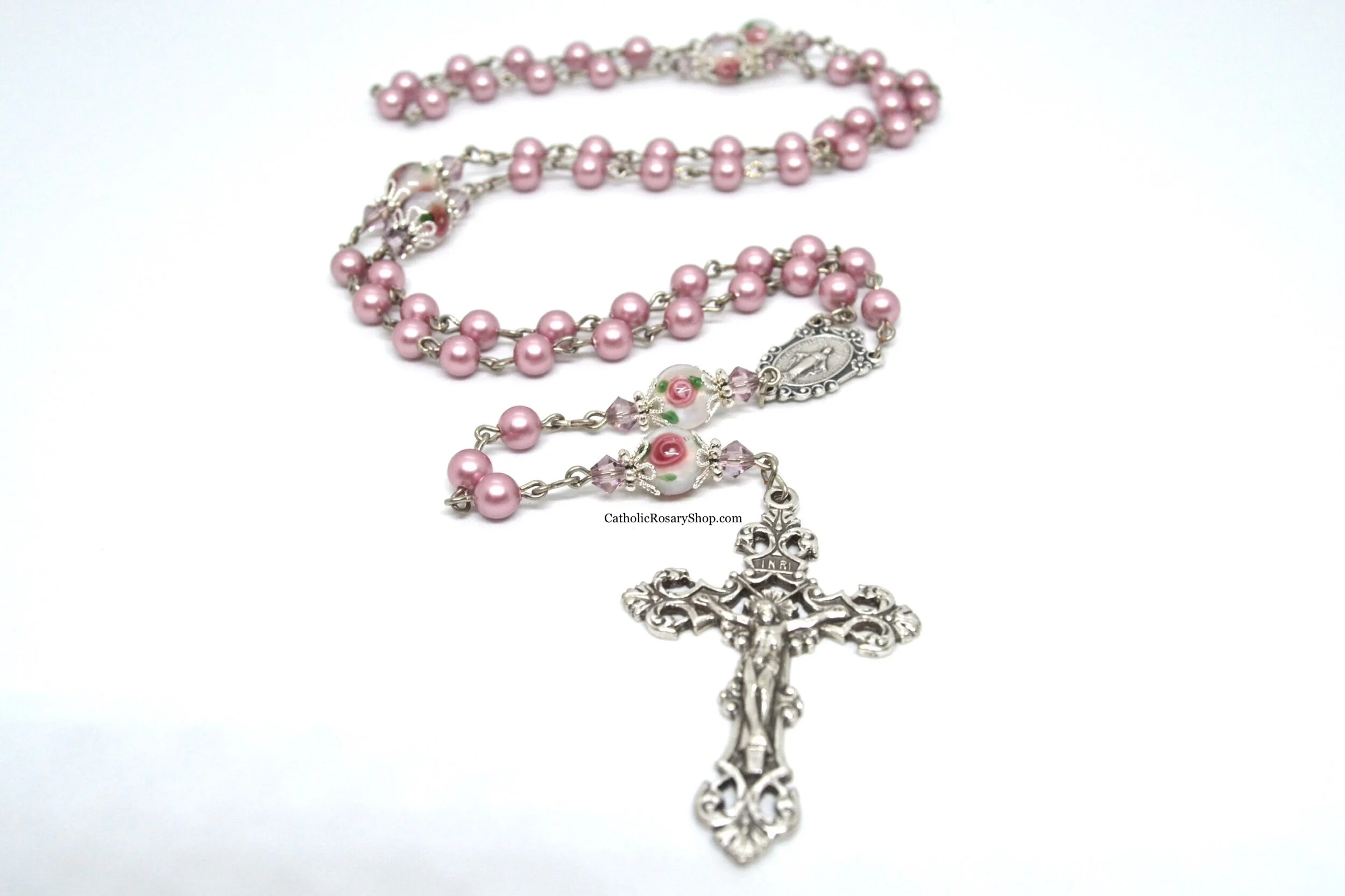 Floral and Dusty Rose Pearl Rosary | Personalized Rosary Gifts for Mom | Mother's Day Rosary Gifts