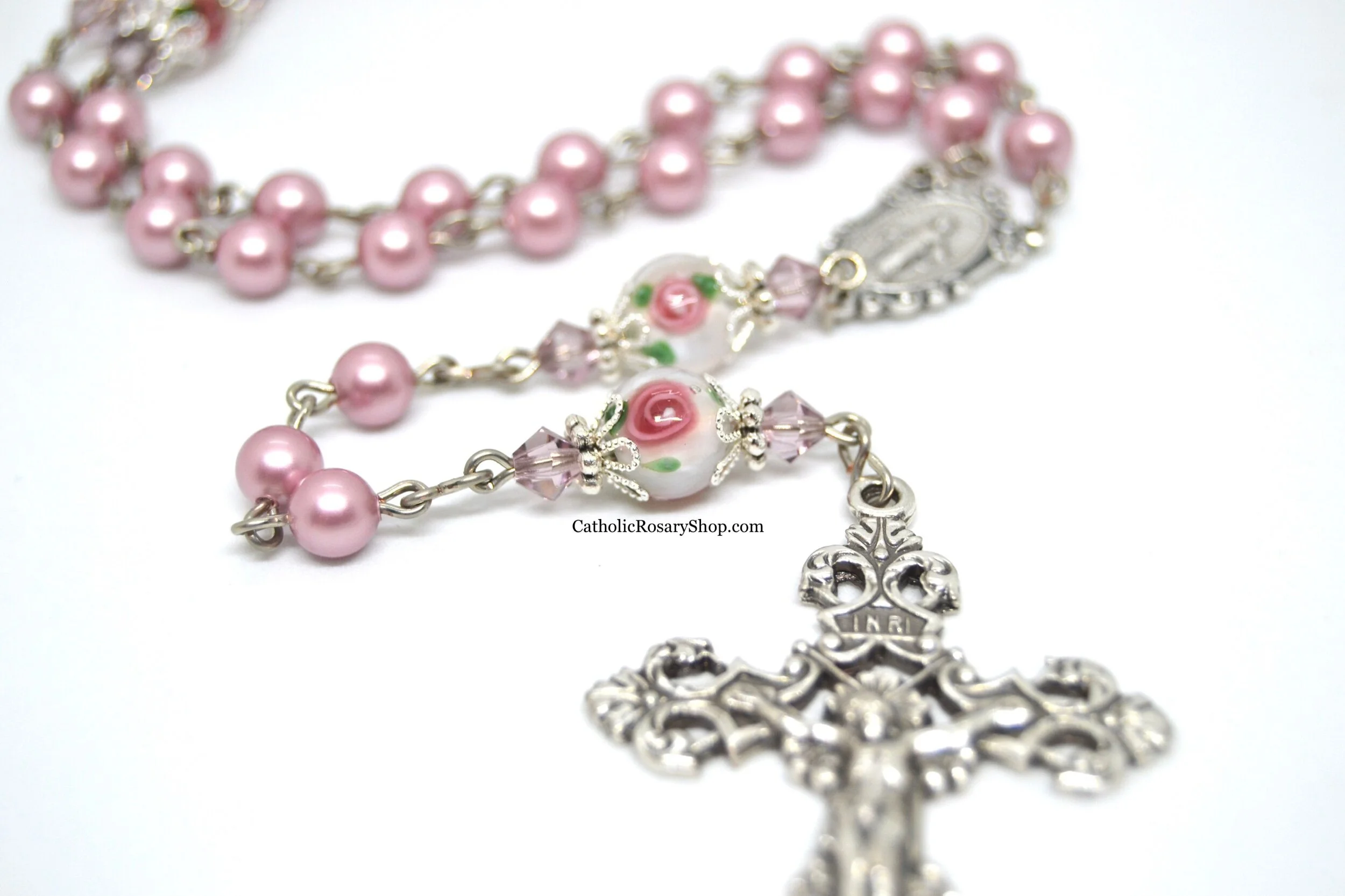 Floral and Dusty Rose Pearl Rosary | Personalized Rosary Gifts for Mom | Mother's Day Rosary Gifts