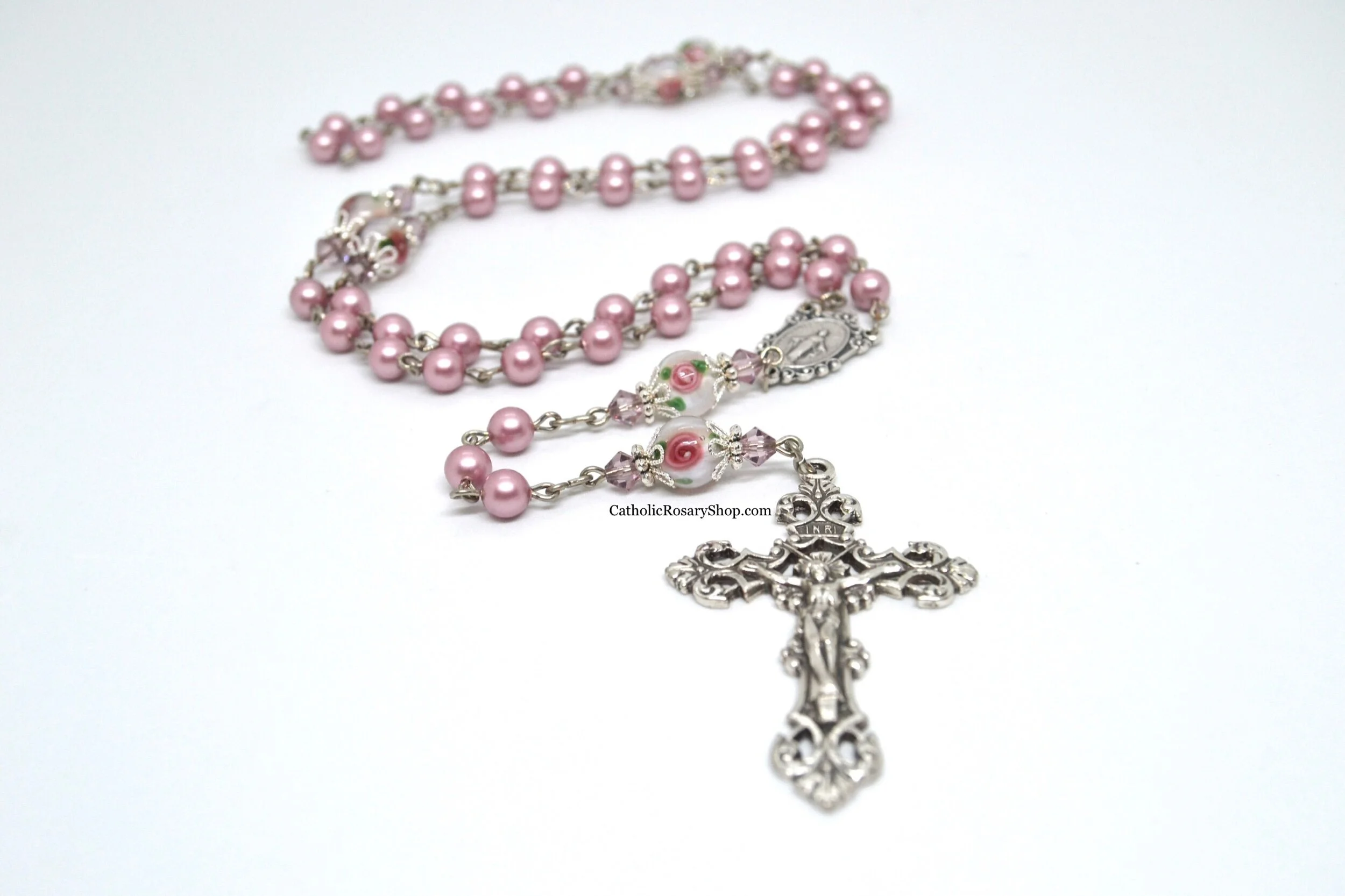 Floral and Dusty Rose Pearl Rosary | Personalized Rosary Gifts for Mom | Mother's Day Rosary Gifts