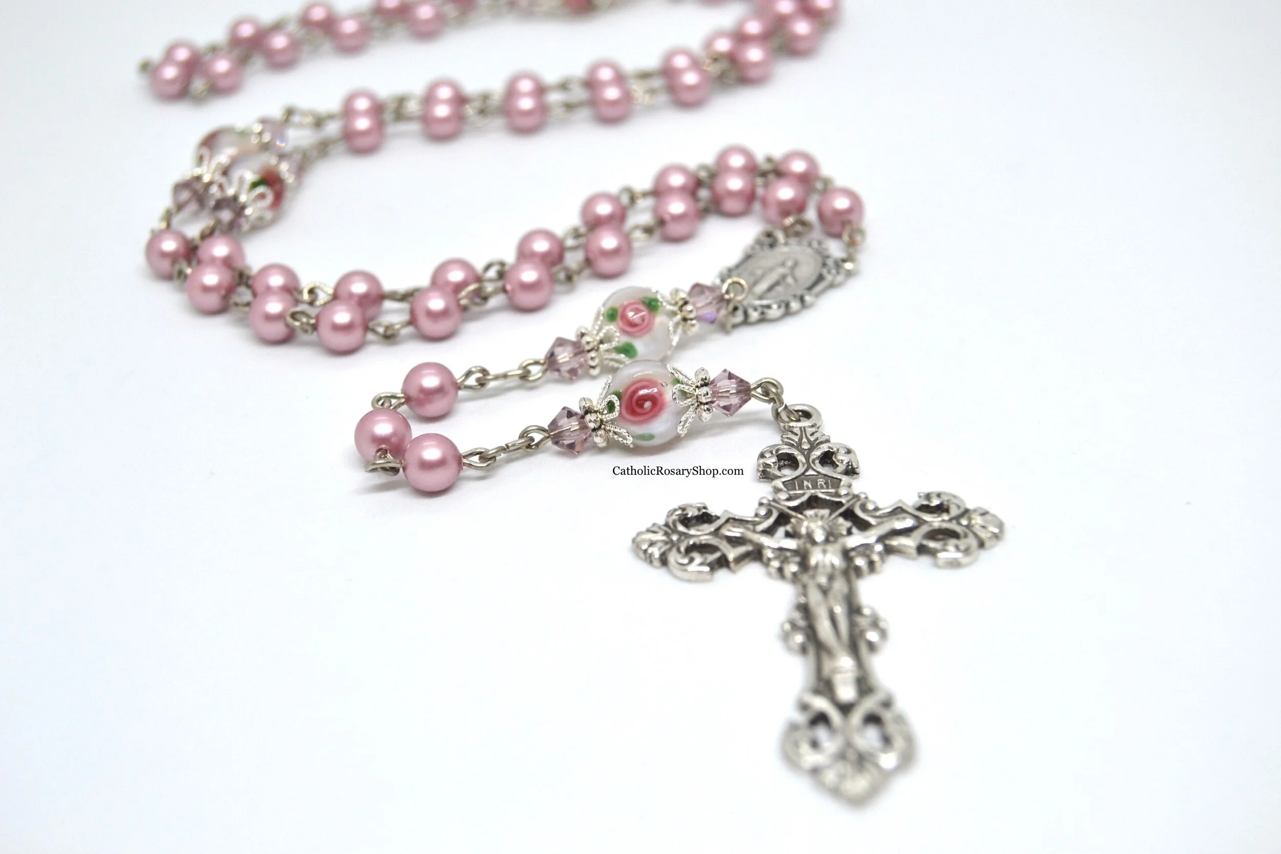 Floral and Dusty Rose Pearl Rosary | Personalized Rosary Gifts for Mom | Mother's Day Rosary Gifts