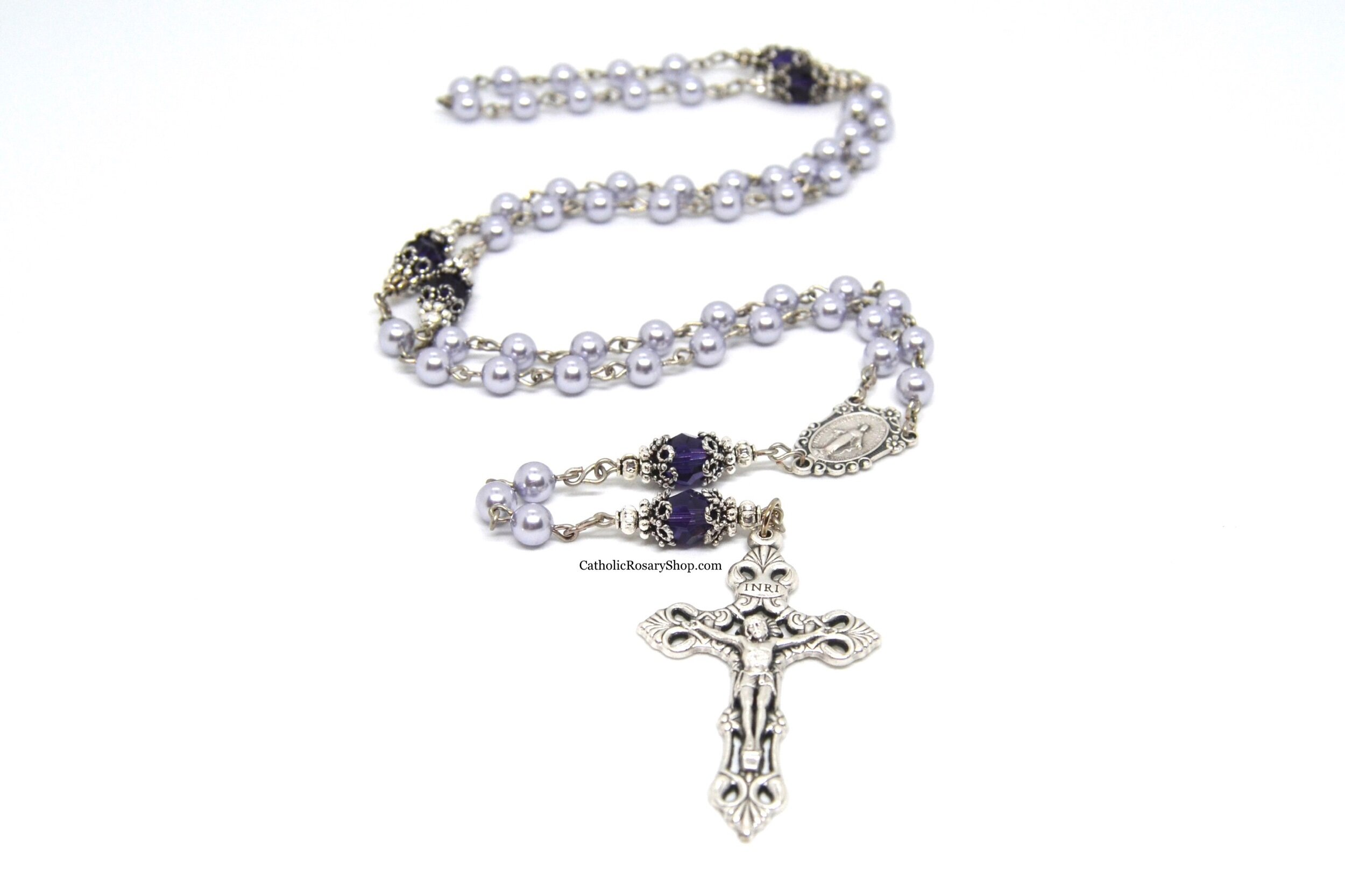 Lavender Pearl and Purple Velvet Crystal Rosary | Purple Rosary for Women and Girls | Personalized Rosary for Baptism, First Communion, Confirmation and Quinceaneras