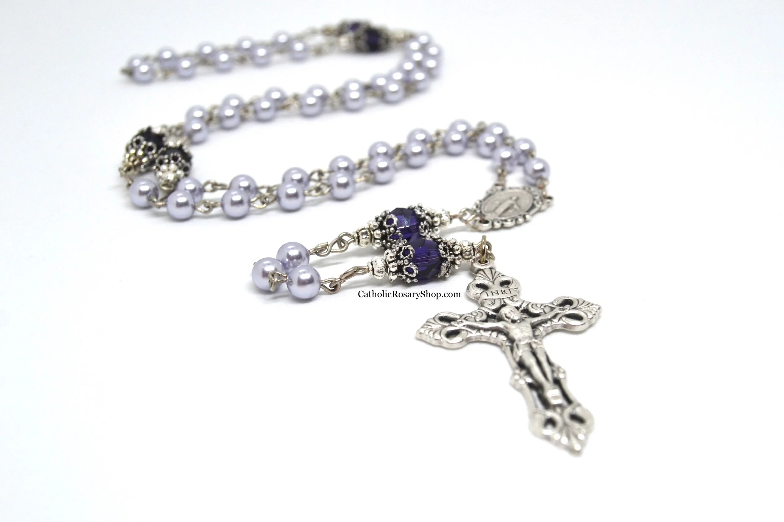 Lavender Pearl and Dark Purple Velvet Crystal Rosary
