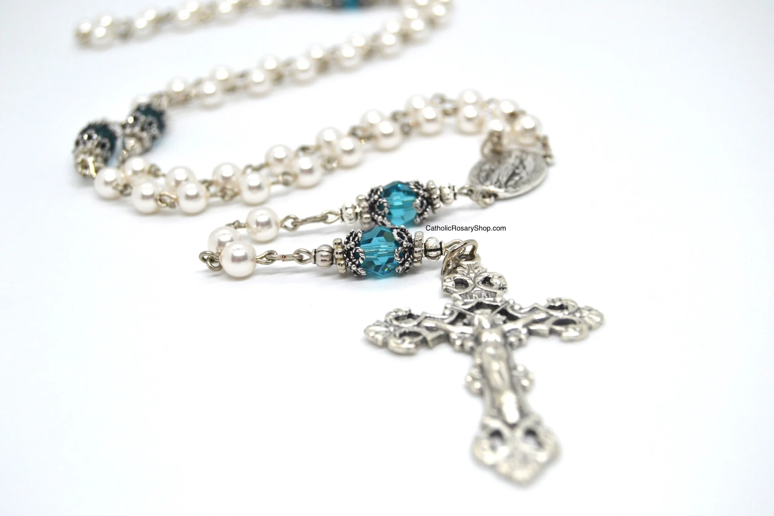Blue Zircon and White Genuine Crystal Rosary | December Birthstone Rosary