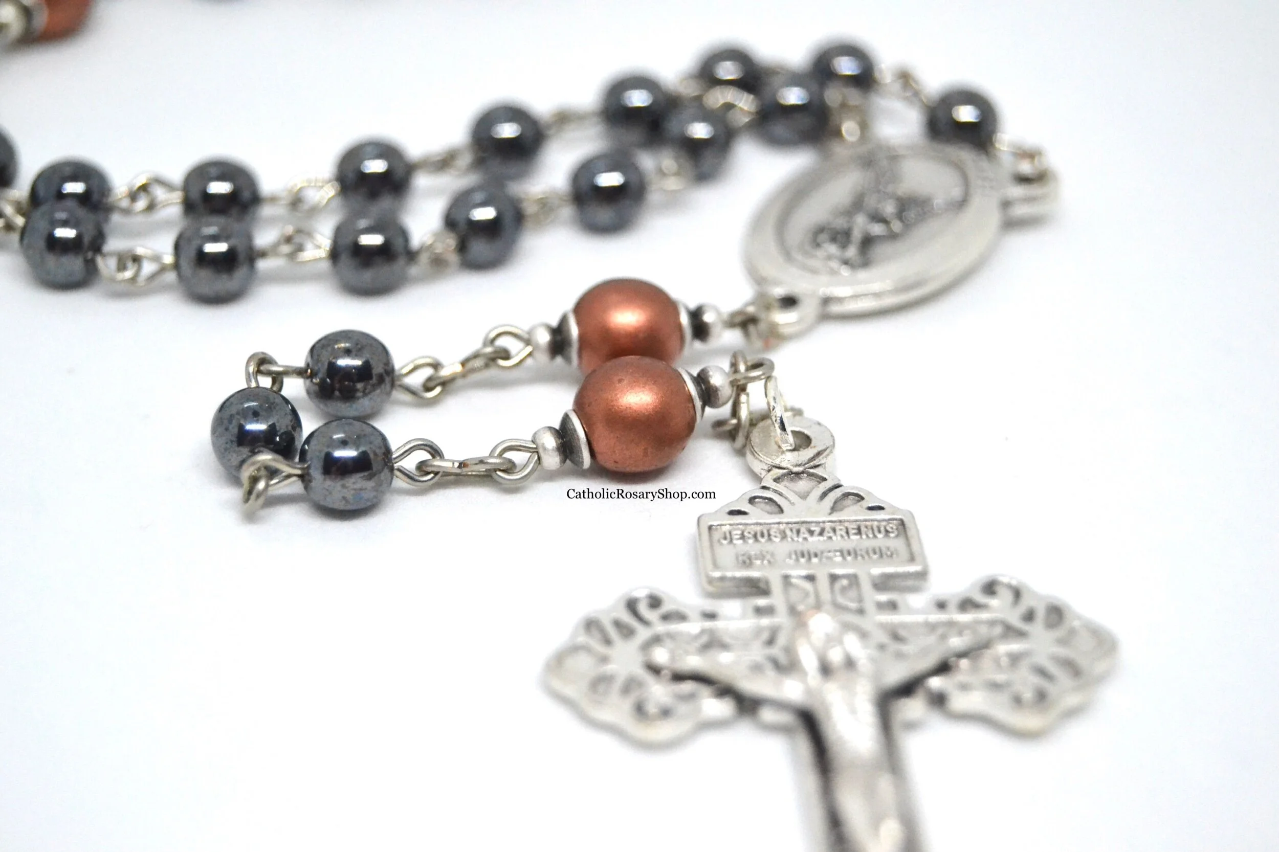 Men's Hematite and Copper Czech Glass Bead Rosary | Personalized Rosary for Men and Boys