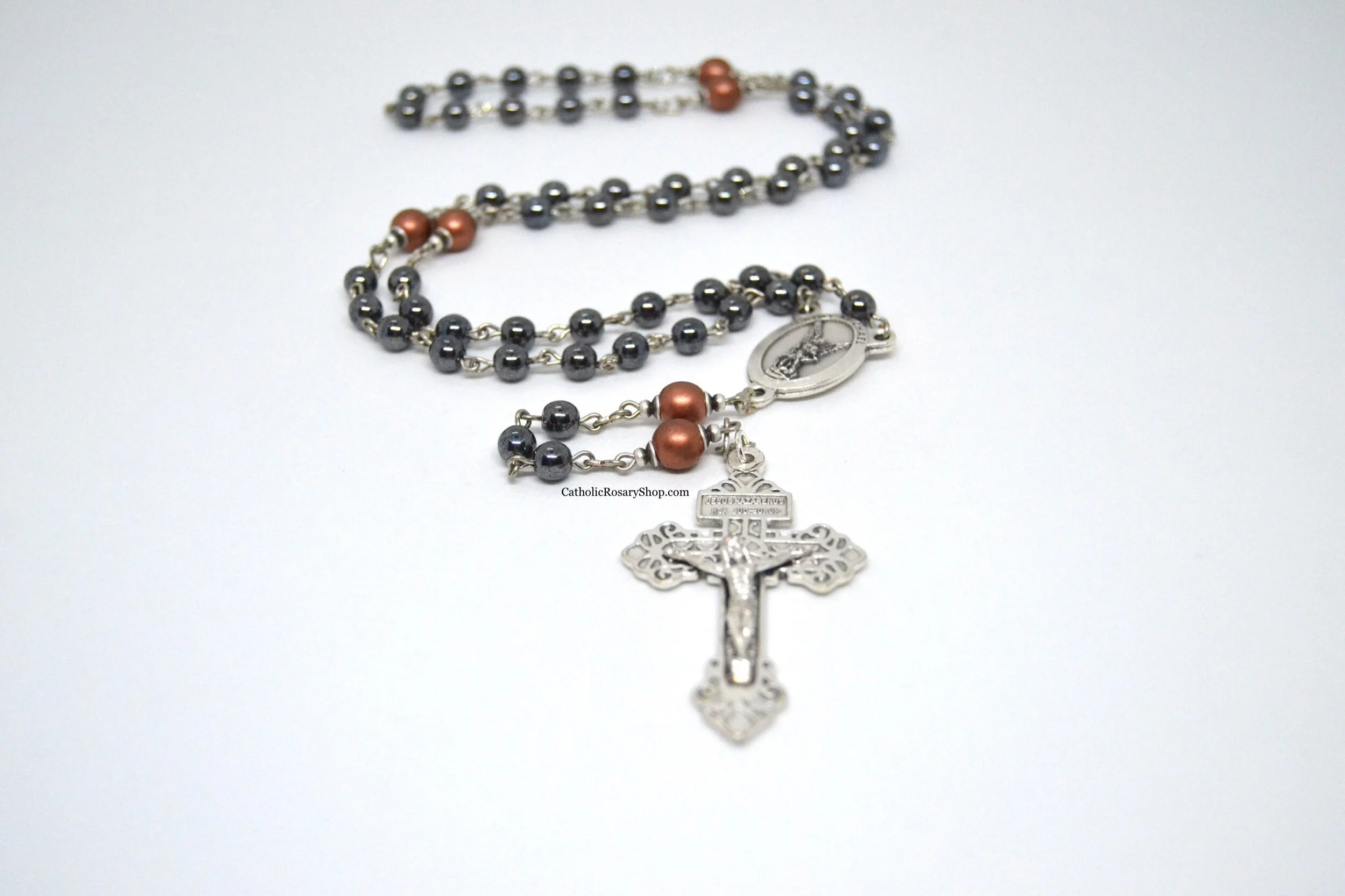 Men's Hematite and Copper Czech Glass Bead Rosary | Personalized Rosary for Men and Boys