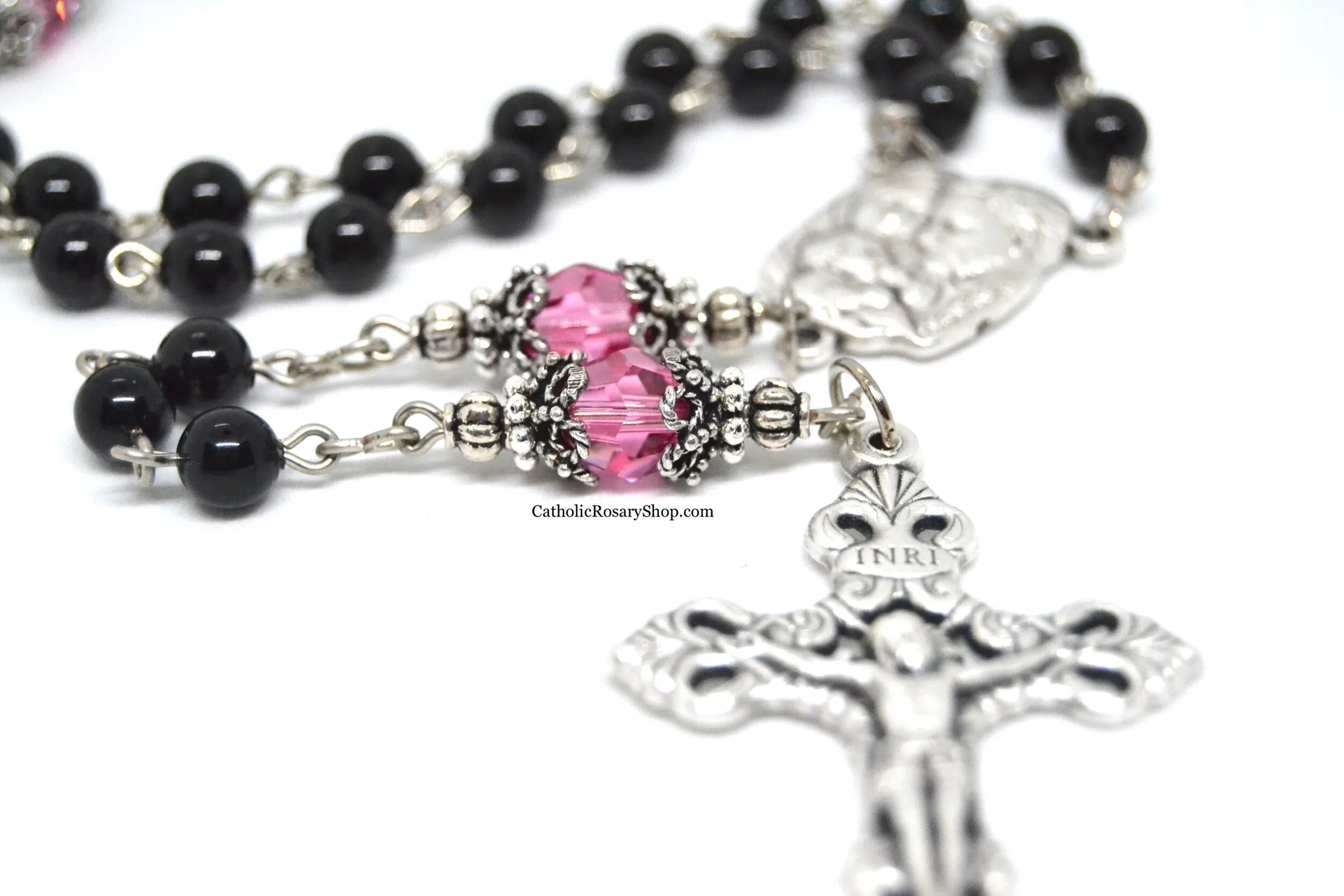 Black Pearl and Pink Austrian Crystal Rosary | Personalized Rosary Gifts for Women and Girls | Custom Rosary Gifts