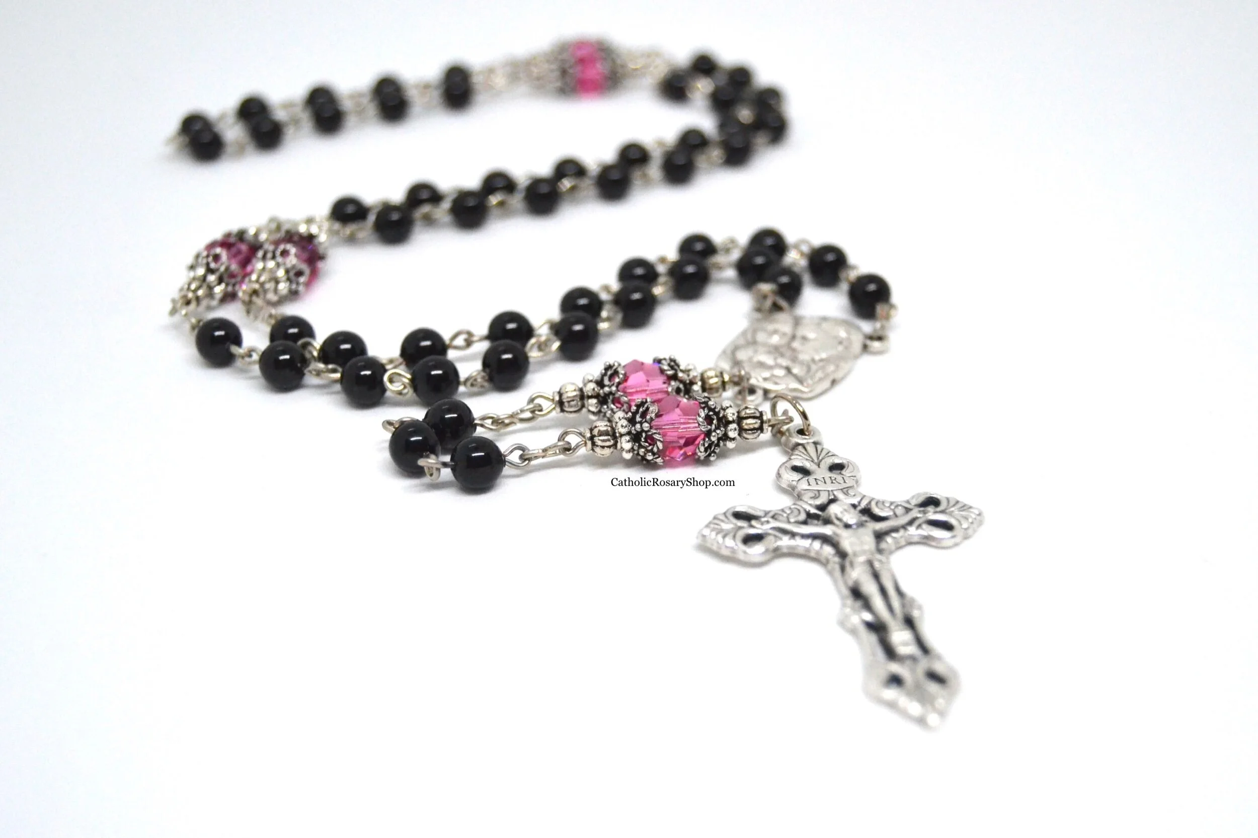 Black Pearl and Pink Austrian Crystal Rosary | Personalized Rosary Gifts for Women and Girls | Custom Rosary Gifts