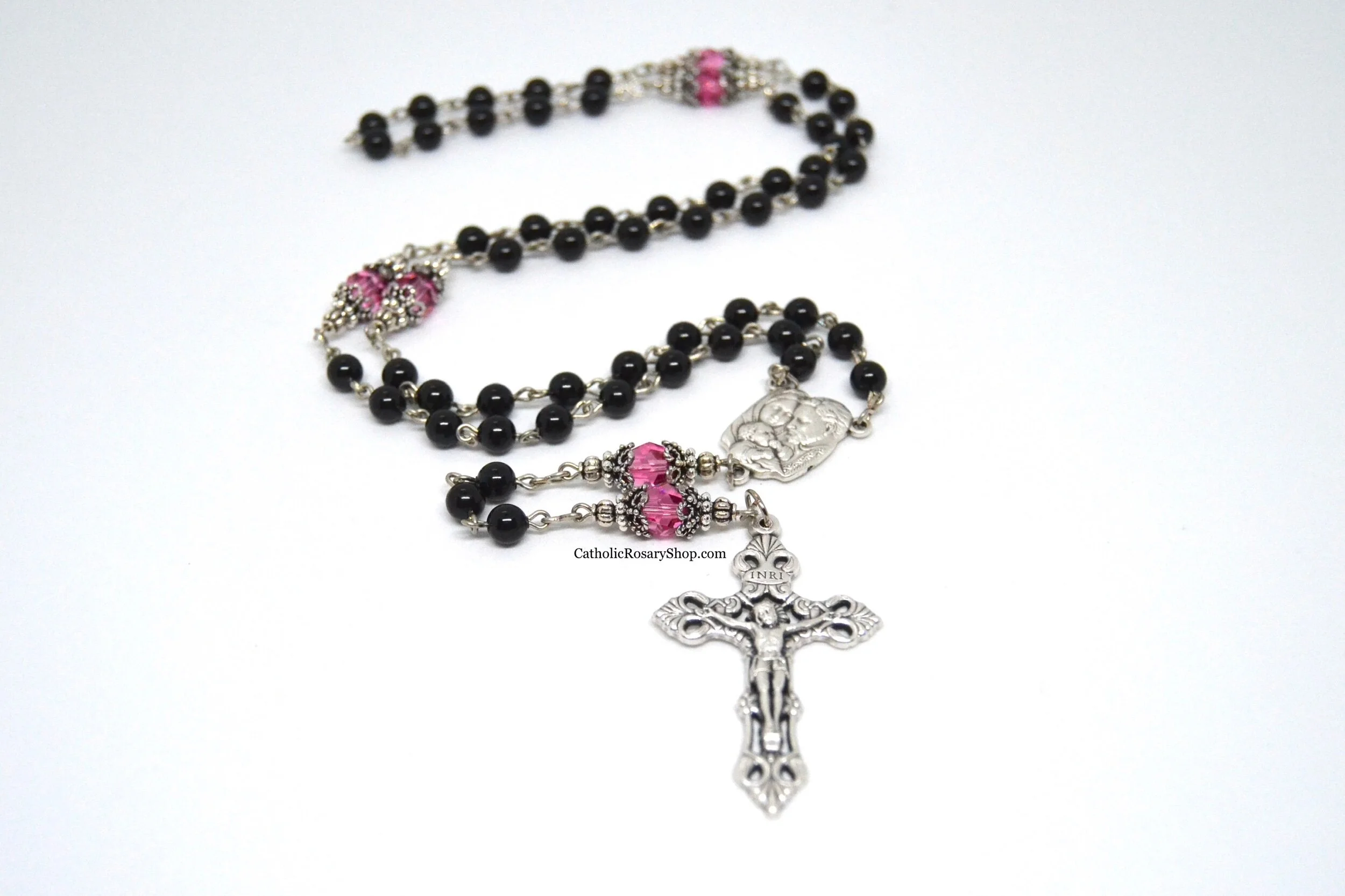 Black Pearl and Pink Austrian Crystal Rosary | Personalized Rosary Gifts for Women and Girls | Custom Rosary Gifts