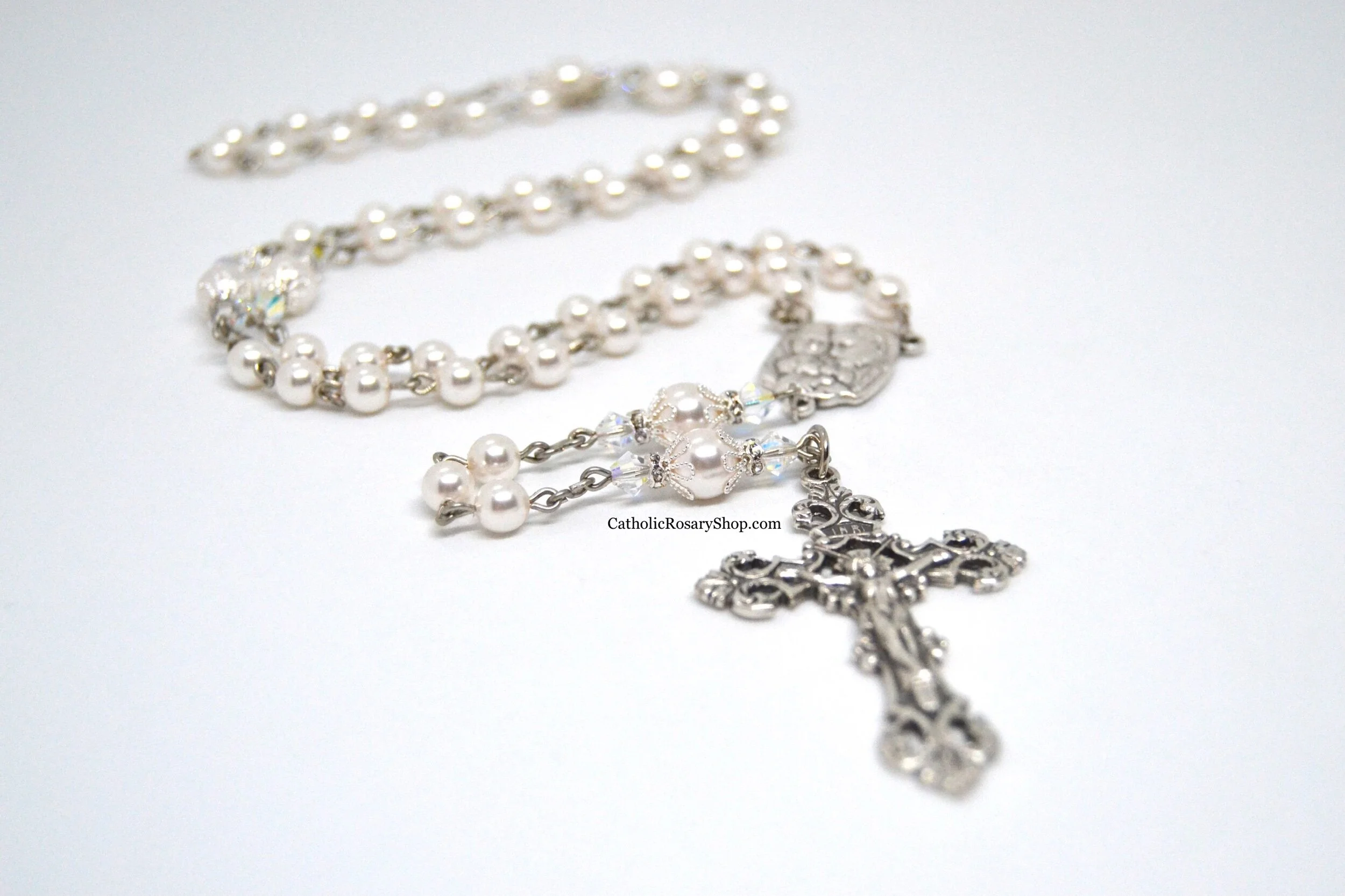 Diamond and White Pearl Rosary | April Birthstone Rosary | Personalized Wedding Rosary Gifts | CatholicRosaryShop.com