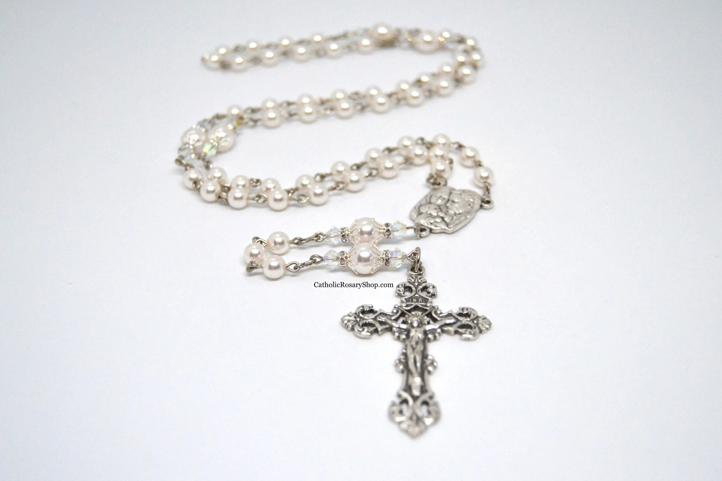 Diamond and White Pearl Rosary | April Birthstone Rosary | Personalized Wedding Rosary Gifts | CatholicRosaryShop.com