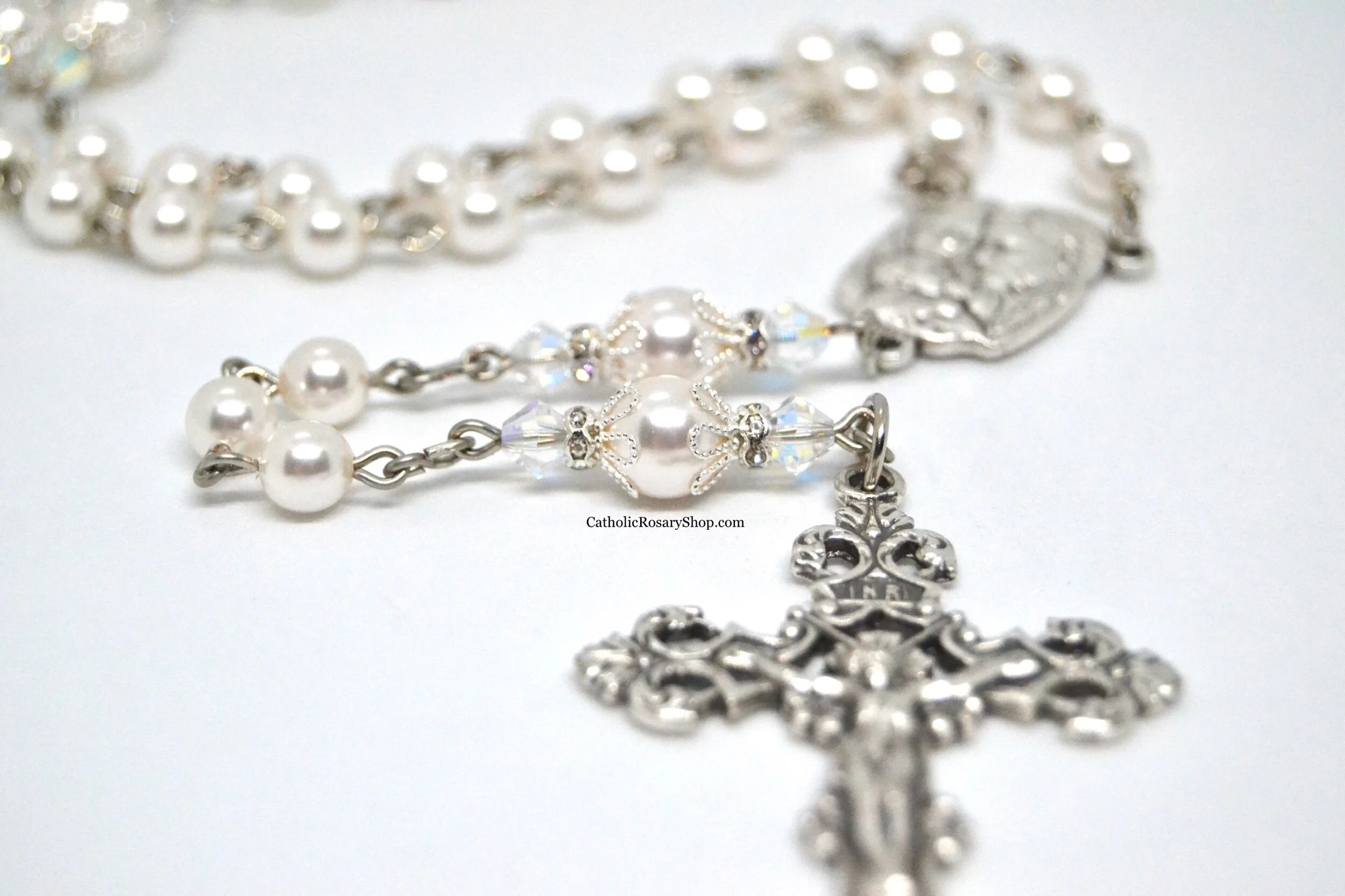 Diamond and White Pearl Rosary | April Birthstone Rosary | Wedding Rosary