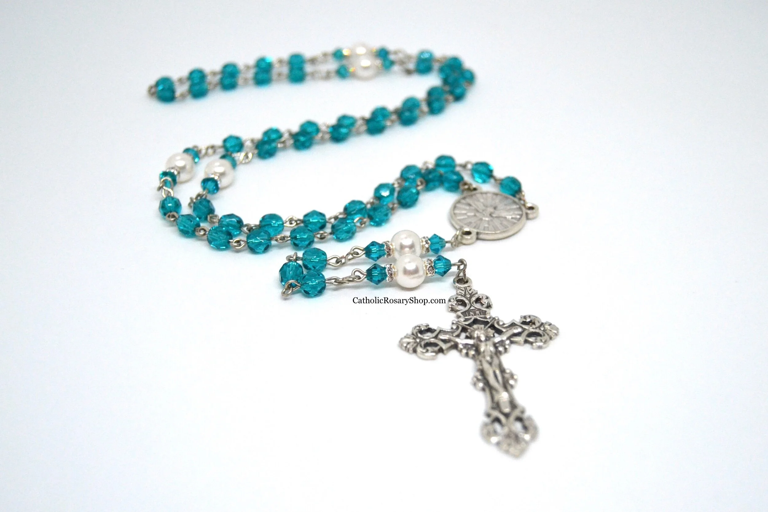 Blue Zircon and White Pearl Rosary | December Birthstone Rosary