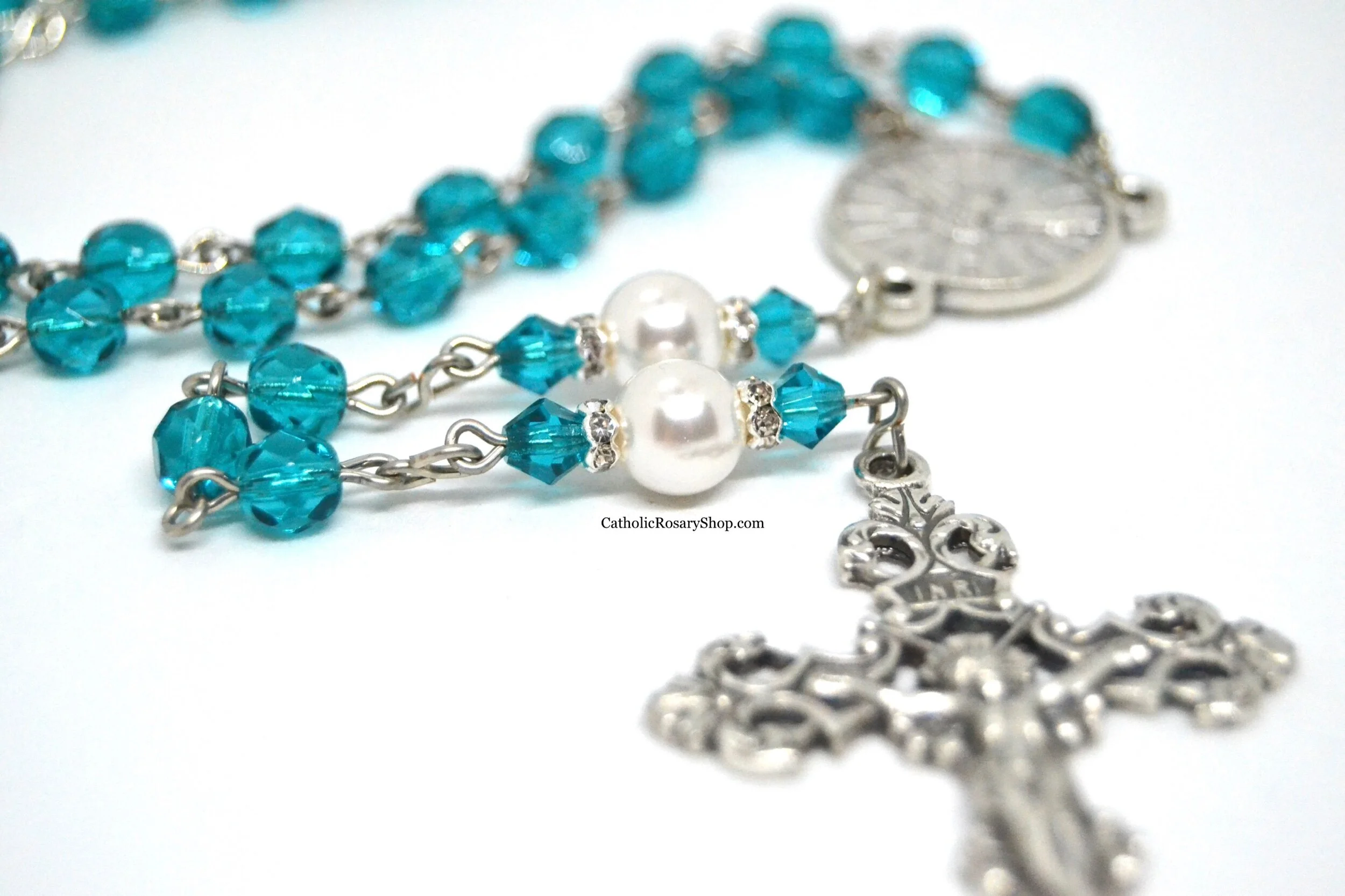 Blue Zircon and White Pearl Birthstone Rosary | December Birthstone Rosary Gift | Personalized Rosary for Men and Women | CatholicRosaryShop.com