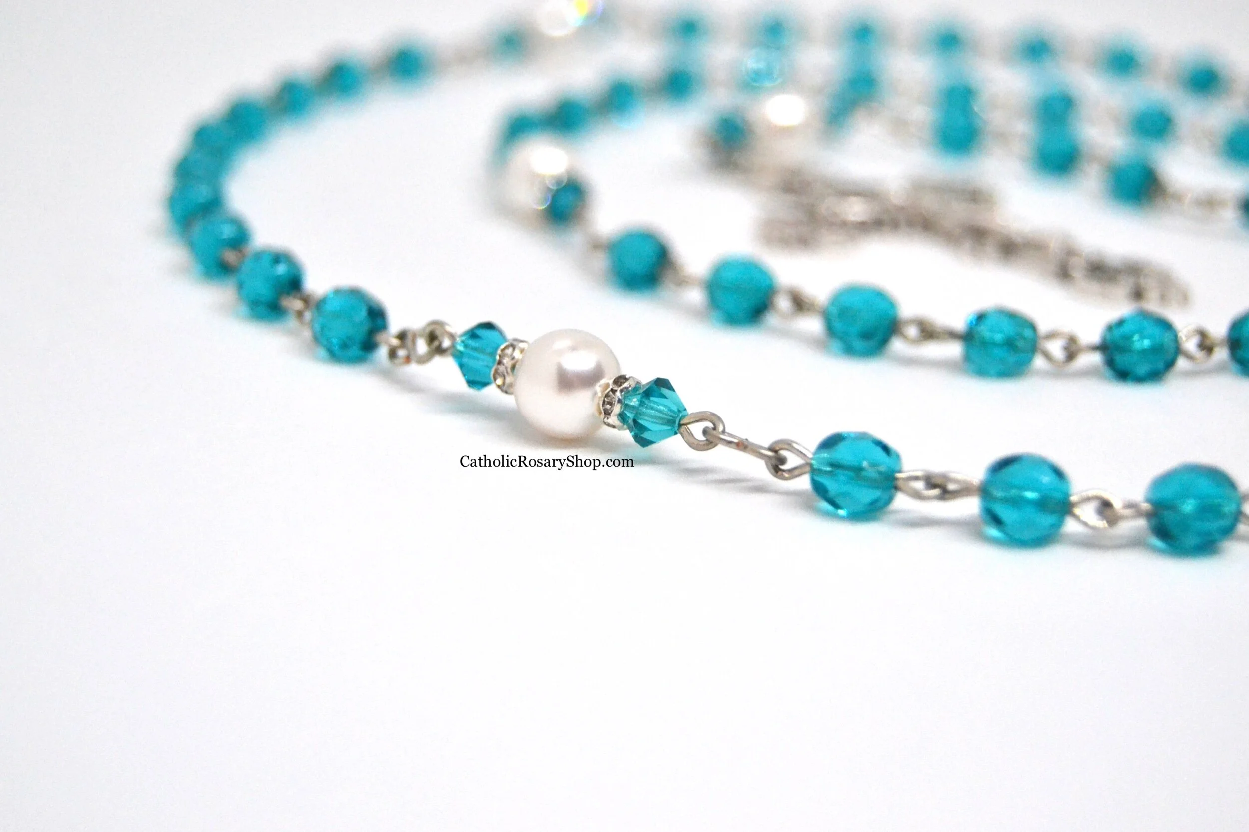 Blue Zircon and White Pearl Birthstone Rosary | December Birthstone Rosary Gift | Personalized Rosary for Men and Women | CatholicRosaryShop.com