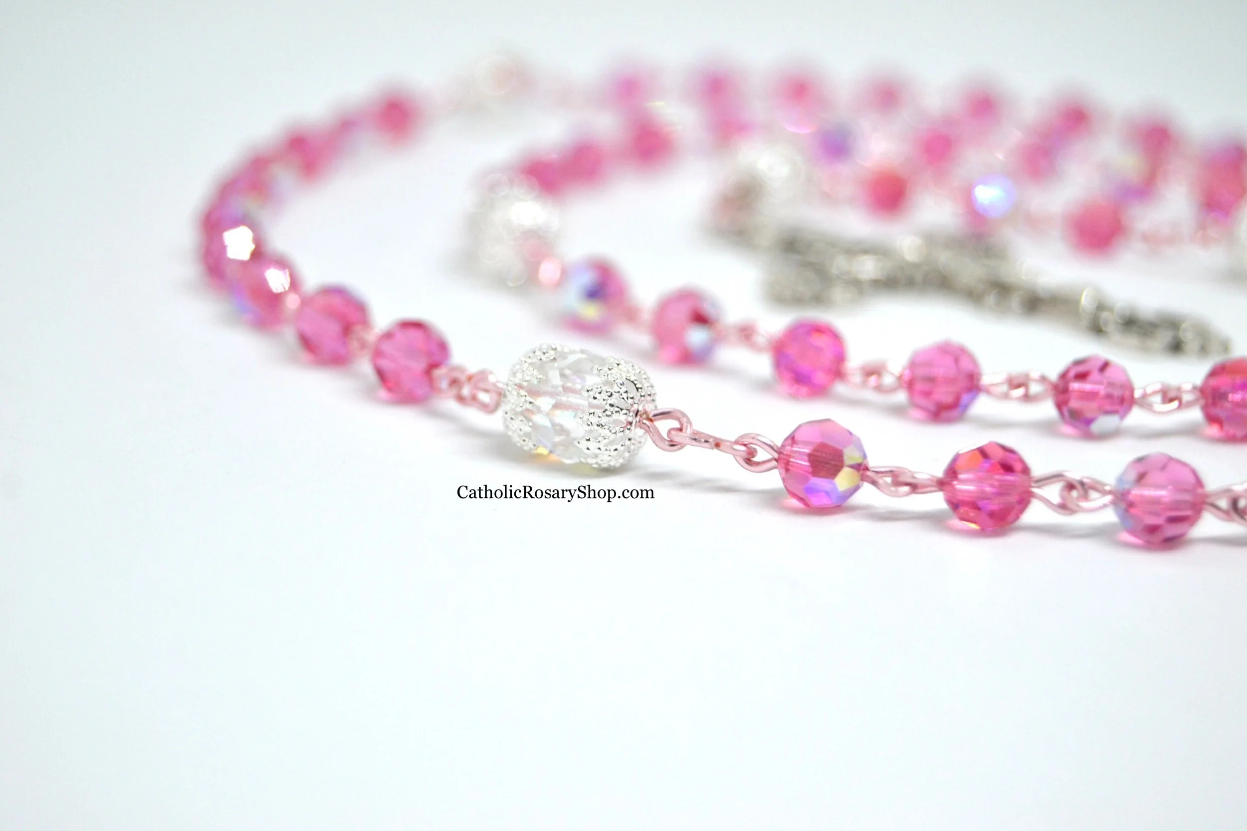Bright Pink and Clear Czech Glass Rosary on Rose Gold Wire | CatholicRosaryShop.com