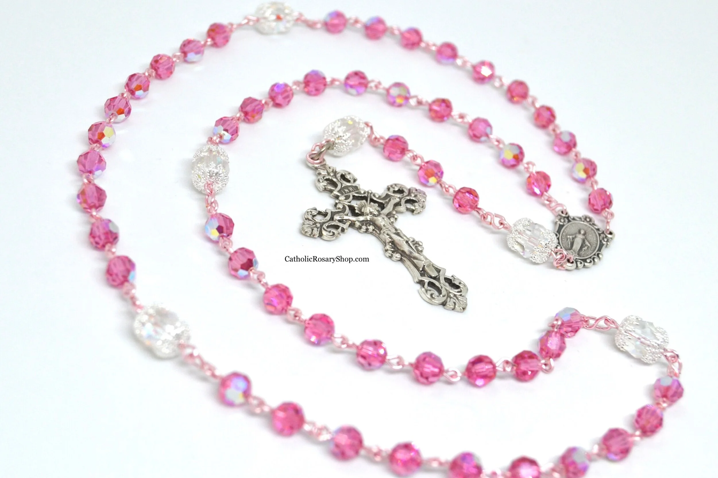 Bright Pink and Clear Czech Glass Rosary on Rose Gold Wire | CatholicRosaryShop.com