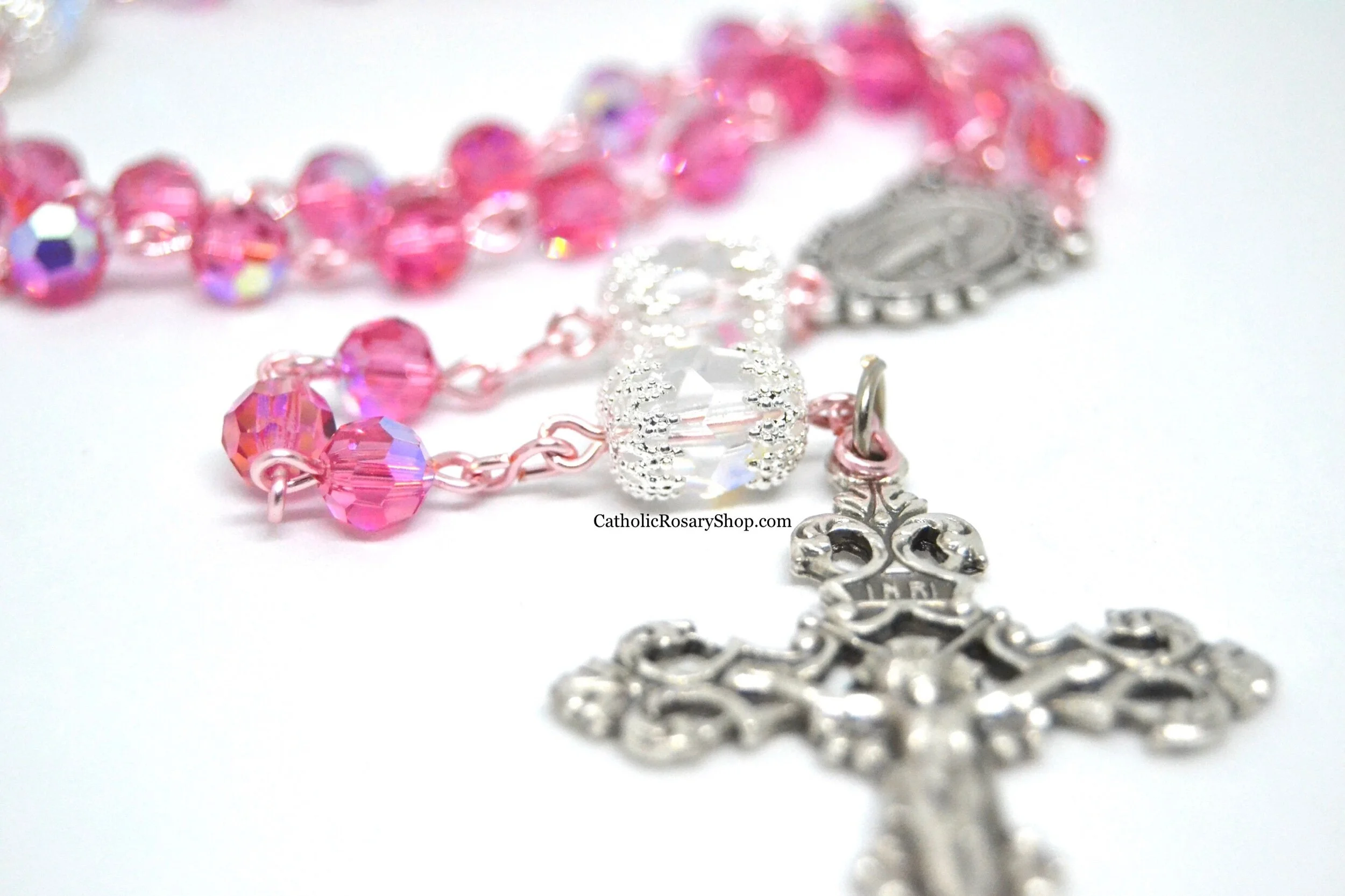 Bright Pink and Clear Czech Glass Rosary on Rose Gold Wire