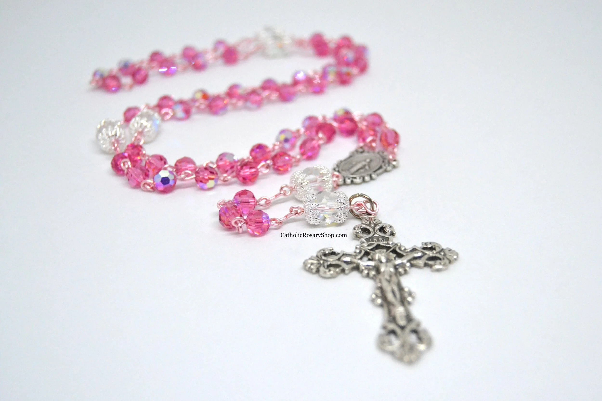 Bright Pink and Clear Czech Glass Rosary on Rose Gold Wire | CatholicRosaryShop.com