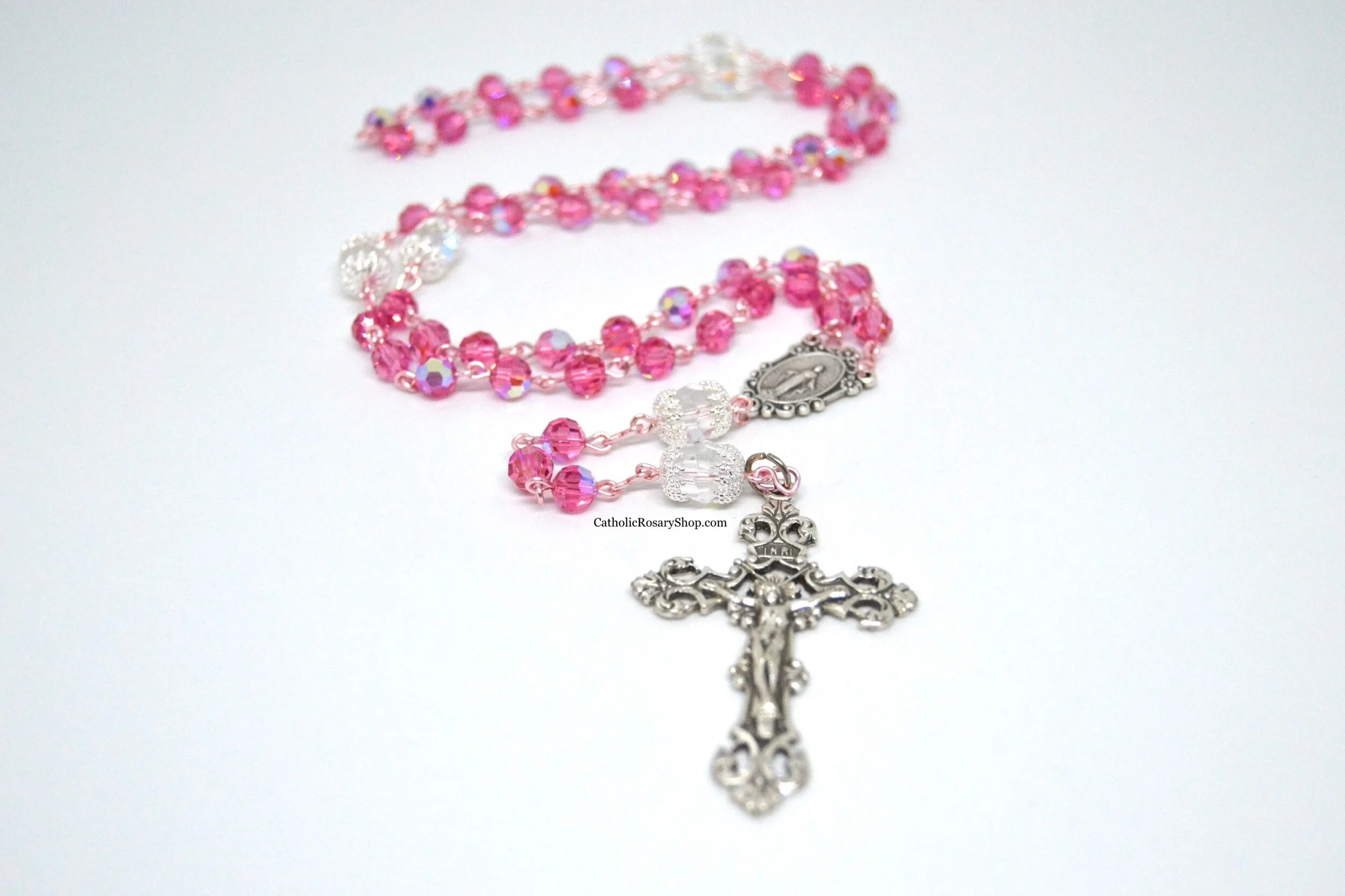 Bright Pink and Clear Czech Glass Rosary on Rose Gold Wire | CatholicRosaryShop.com