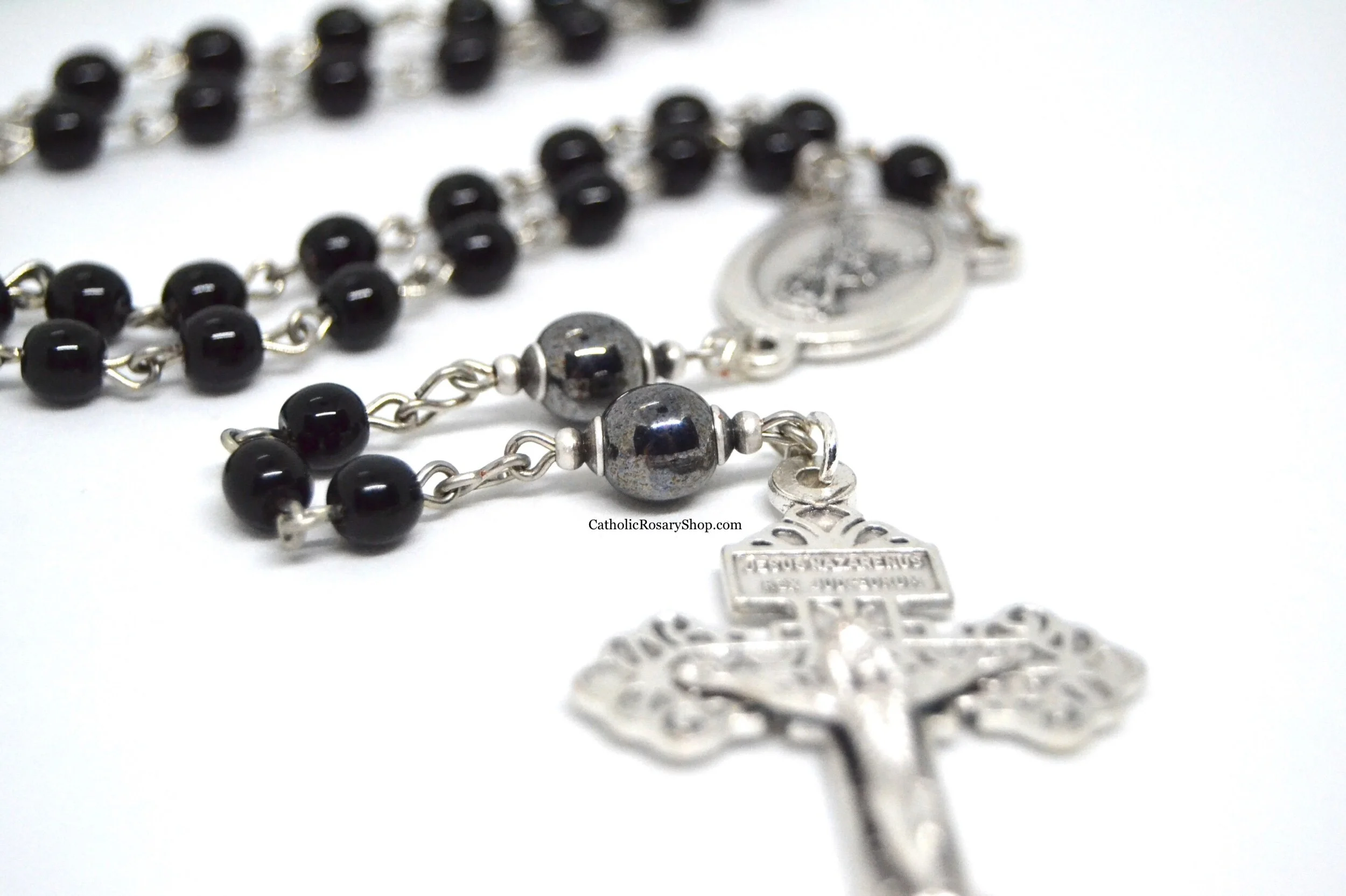 Black and Hematite Gray Czech Round Bead Rosary | Custom Rosary Gifts for Men | Personalized Rosary