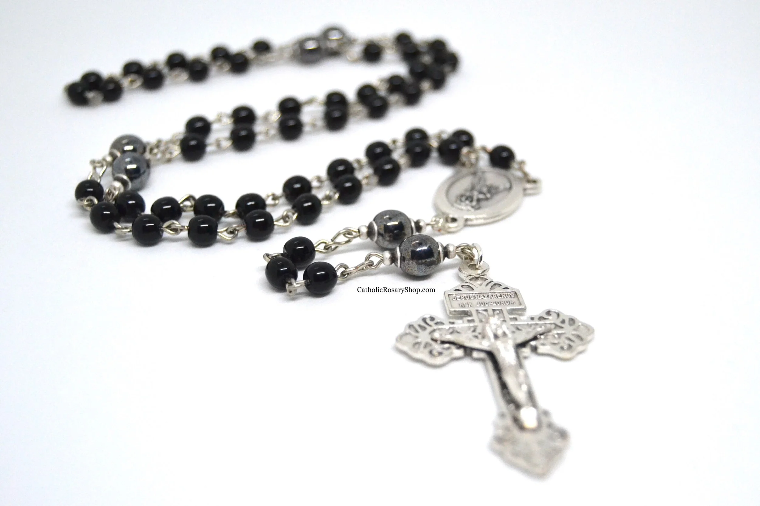 Black and Hematite Gray Czech Round Bead Rosary | Custom Rosary Gifts for Men | Personalized Rosary