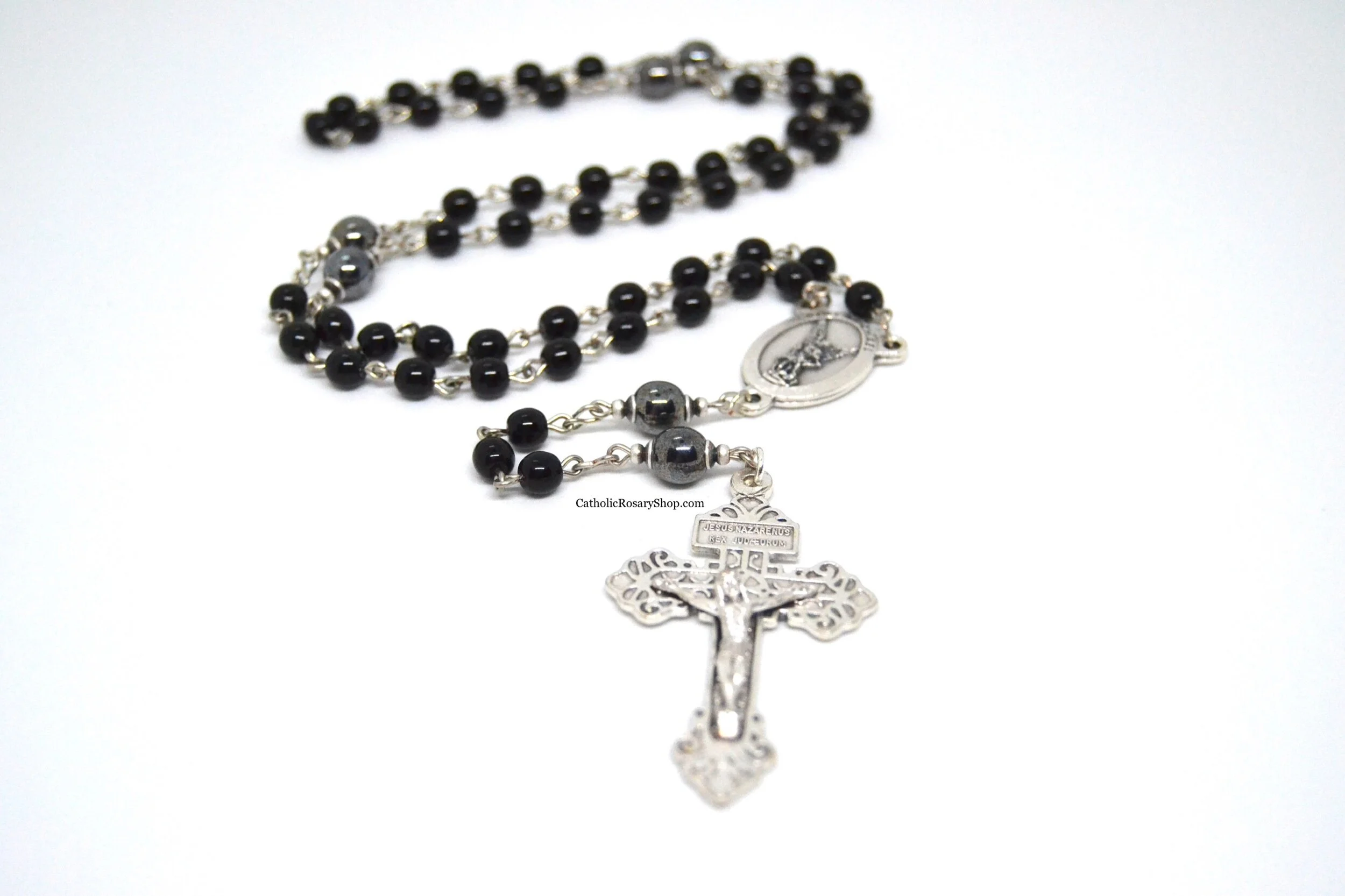 Black and Hematite Gray Czech Round Bead Rosary | Custom Rosary Gifts for Men | Personalized Rosary