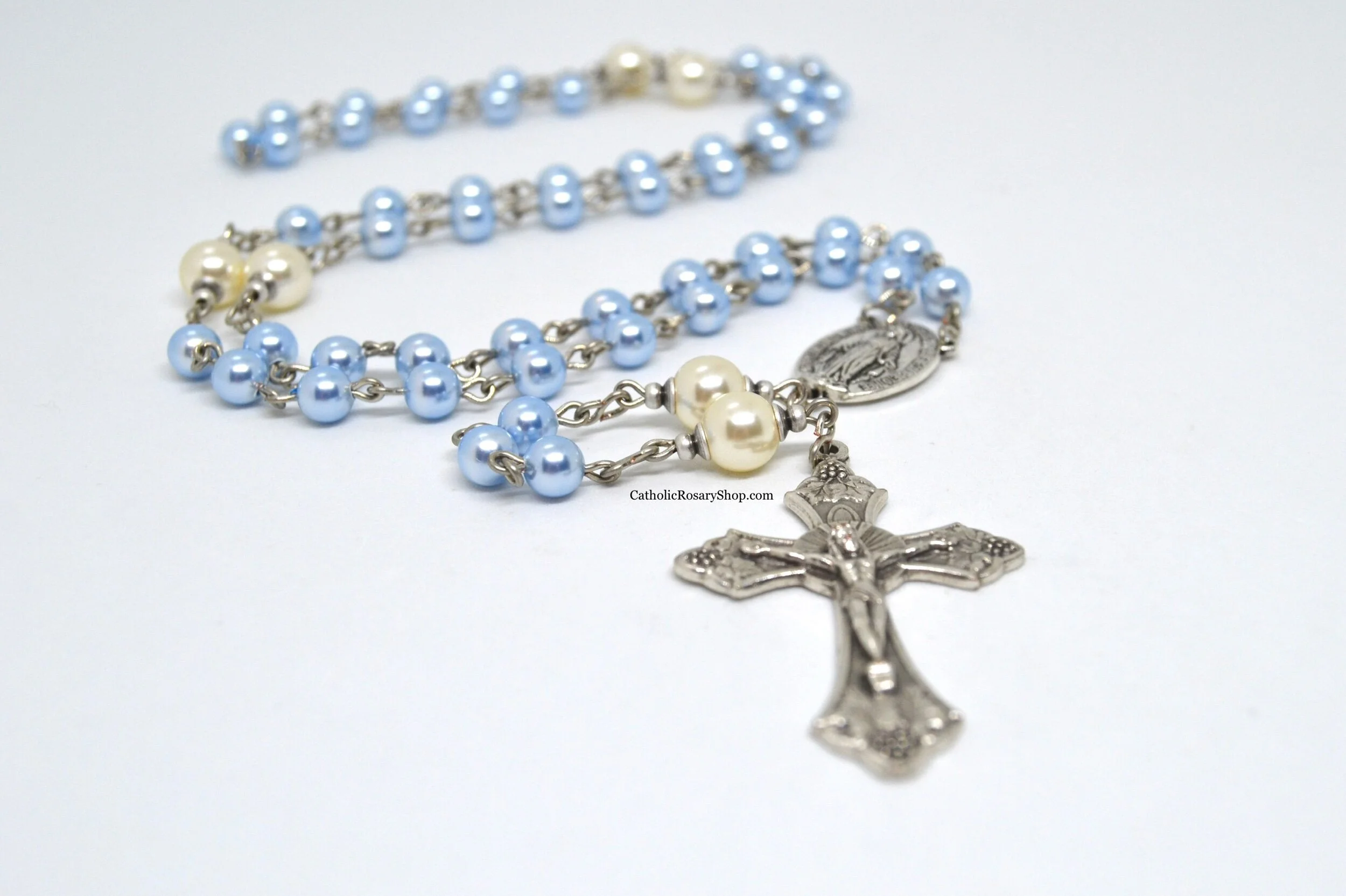 Baby Boy's Light Blue and Cream Austrian Crystal Pearl Rosary