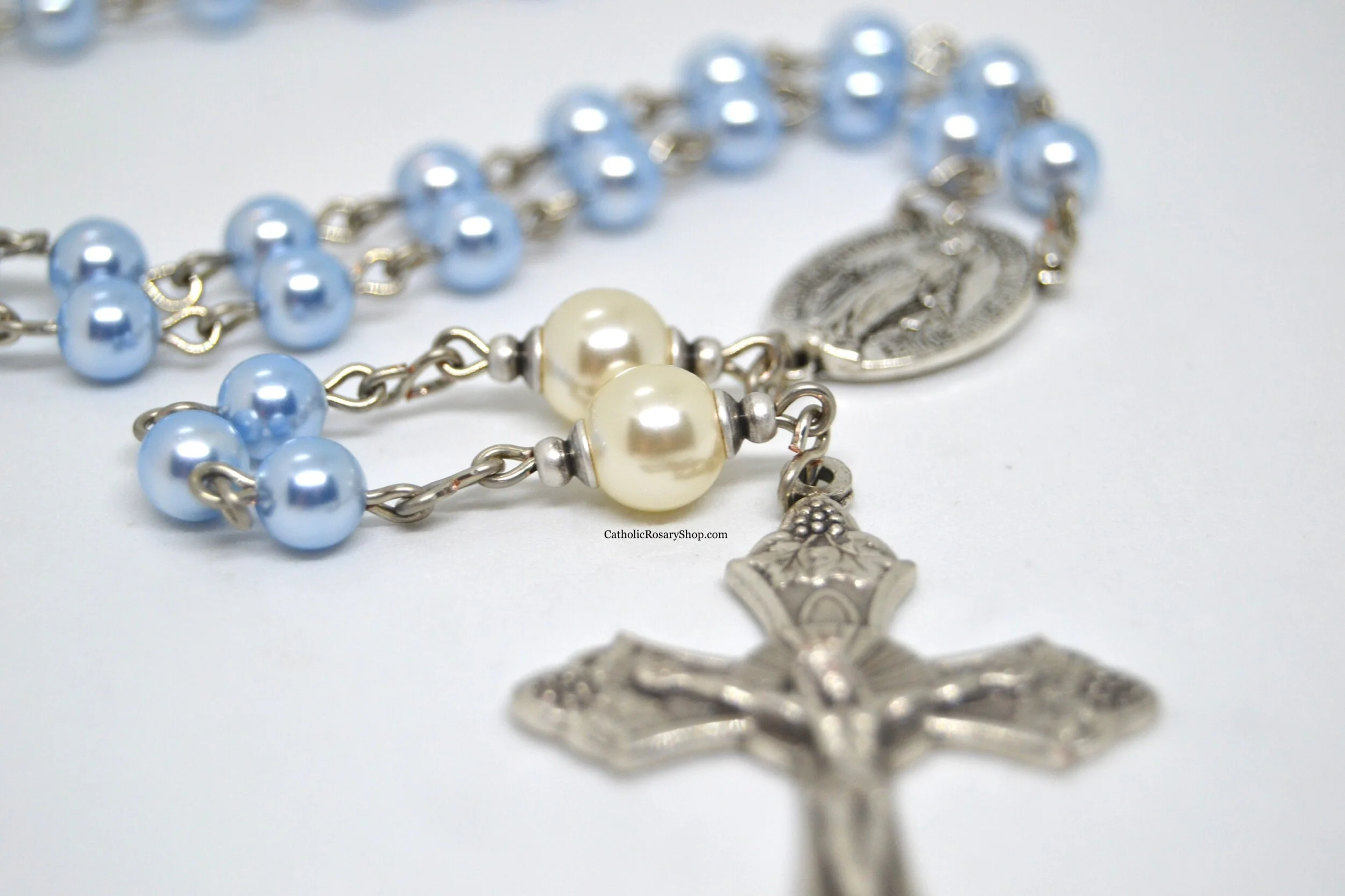 Light Blue and Cream Rosary for Boys | Personalized Rosary Gifts for Baby Boy's Baptism or First Communion | CatholicRosaryShop.com
