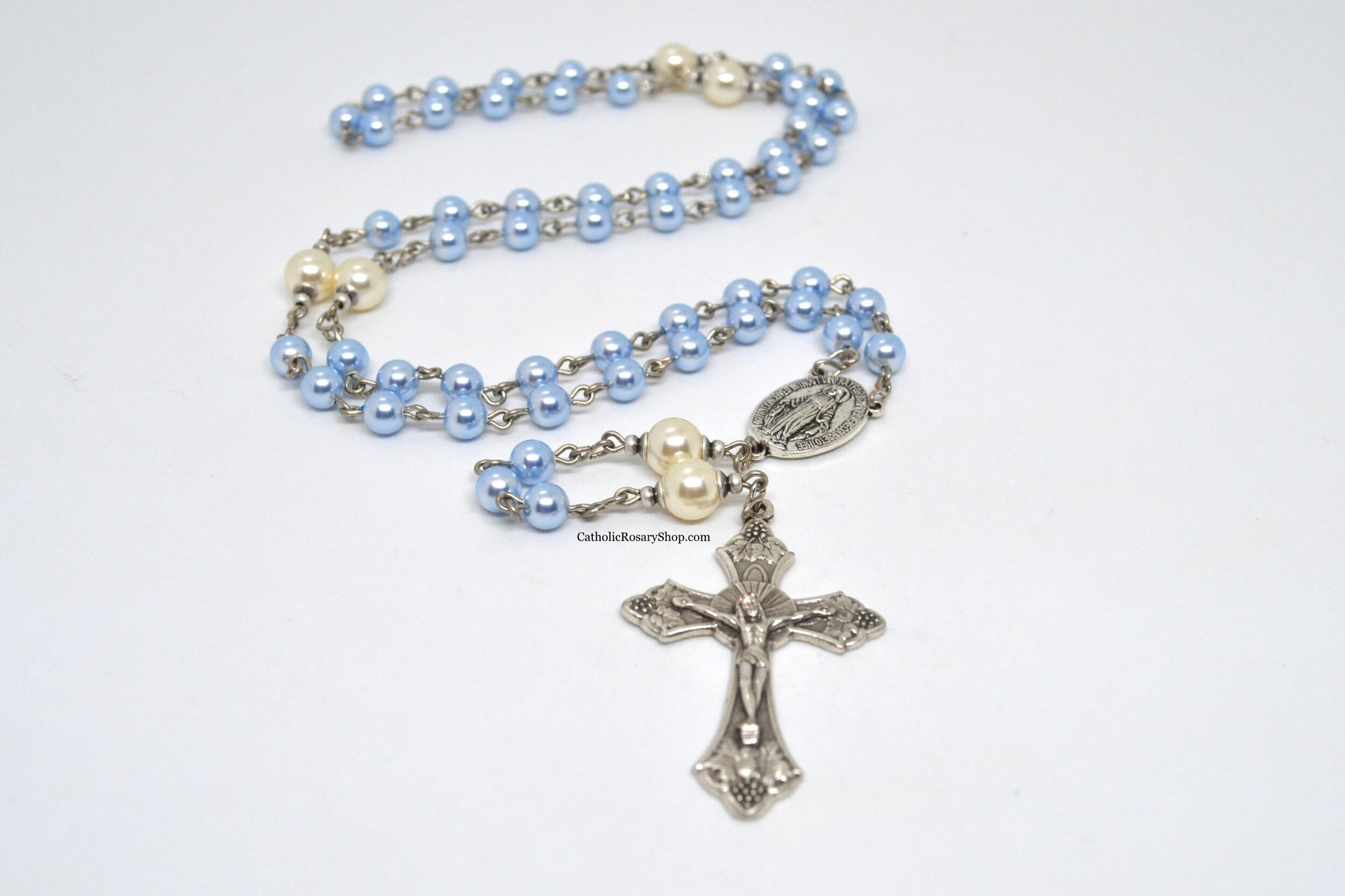 Light Blue and Cream Rosary for Boys | Personalized Rosary Gifts for Baby Boy's Baptism or First Communion | CatholicRosaryShop.com