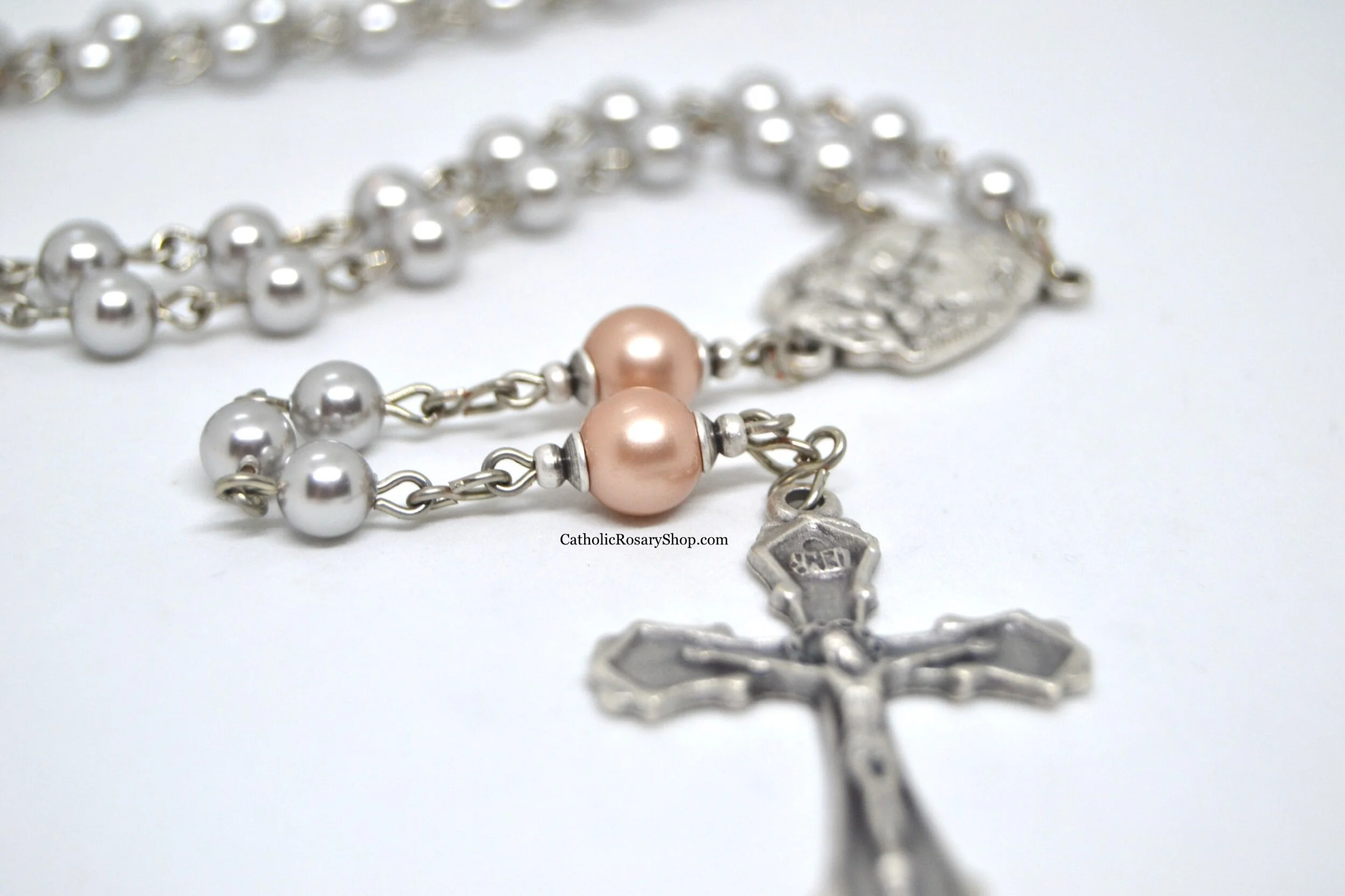 Personalized Boy's Brown and Gray Pearl Rosary | Rosary for Baptism, First Communion or Confirmation