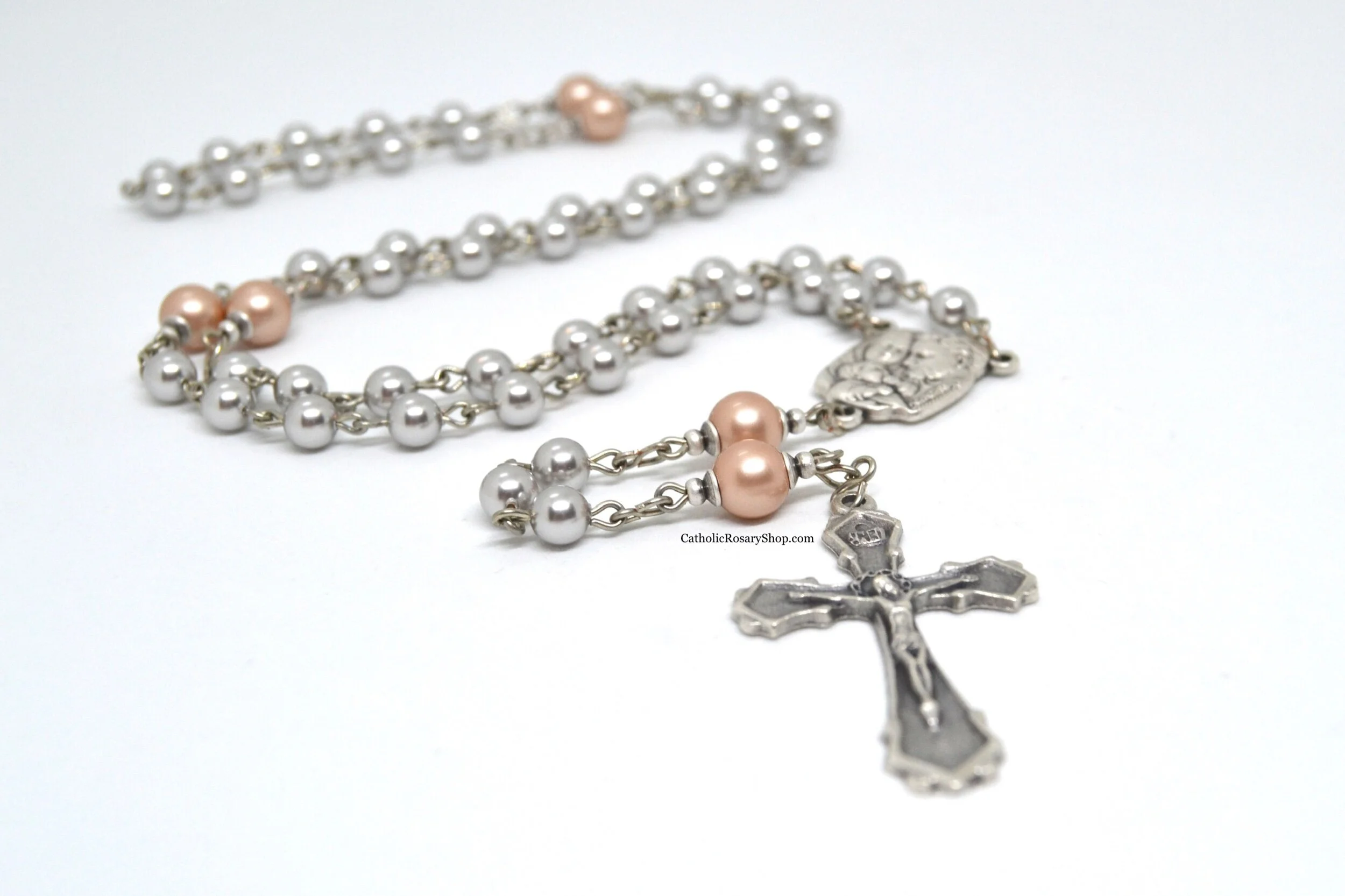 Personalized Boy's Brown and Gray Pearl Rosary | Rosary for Baptism, First Communion or Confirmation