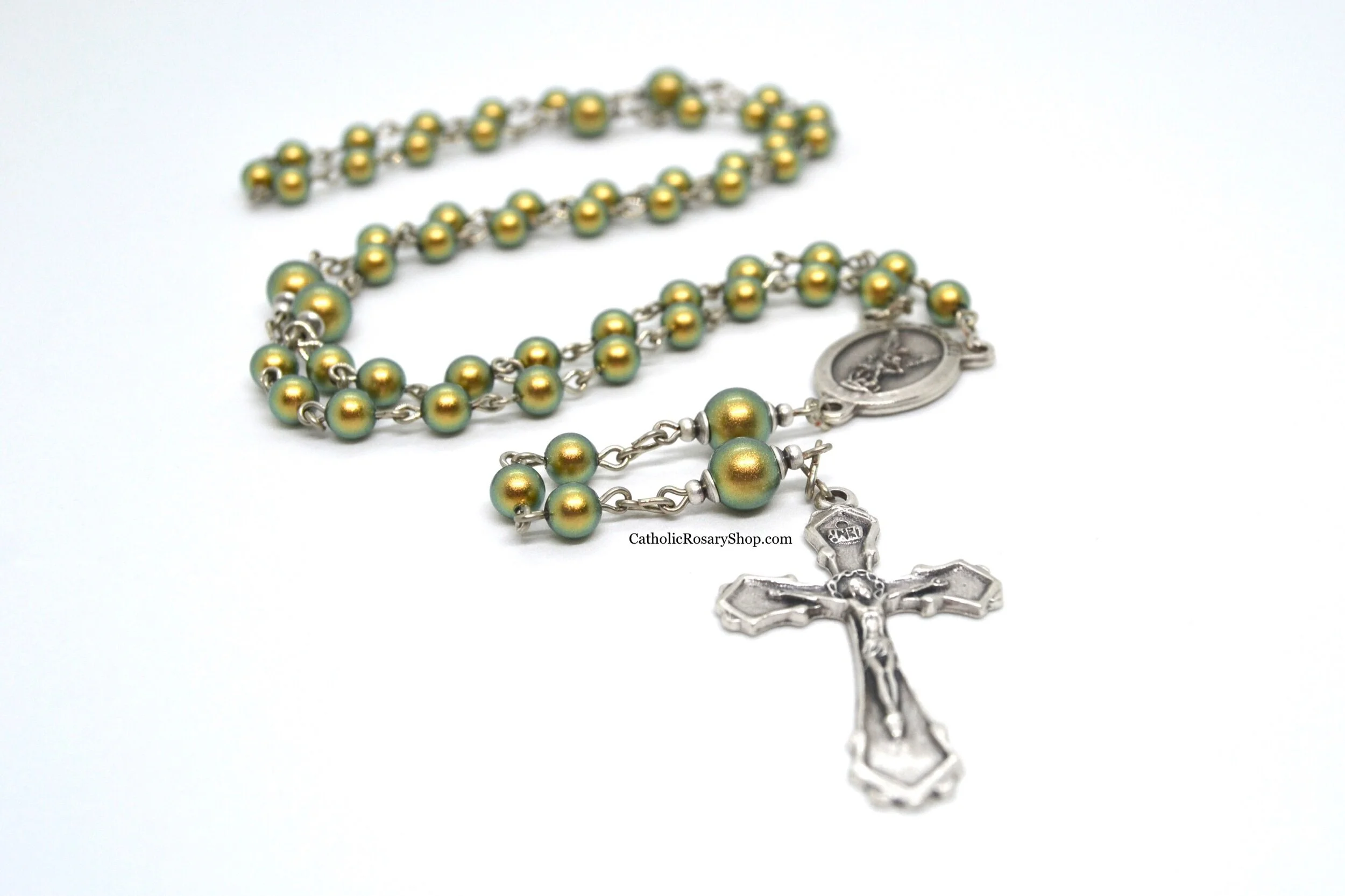 Iridescent Olivine Green Austrian Crystal Pearl Rosary | Custom Rosary for Men and Boys | Personalized Rosary Gifts for Dad