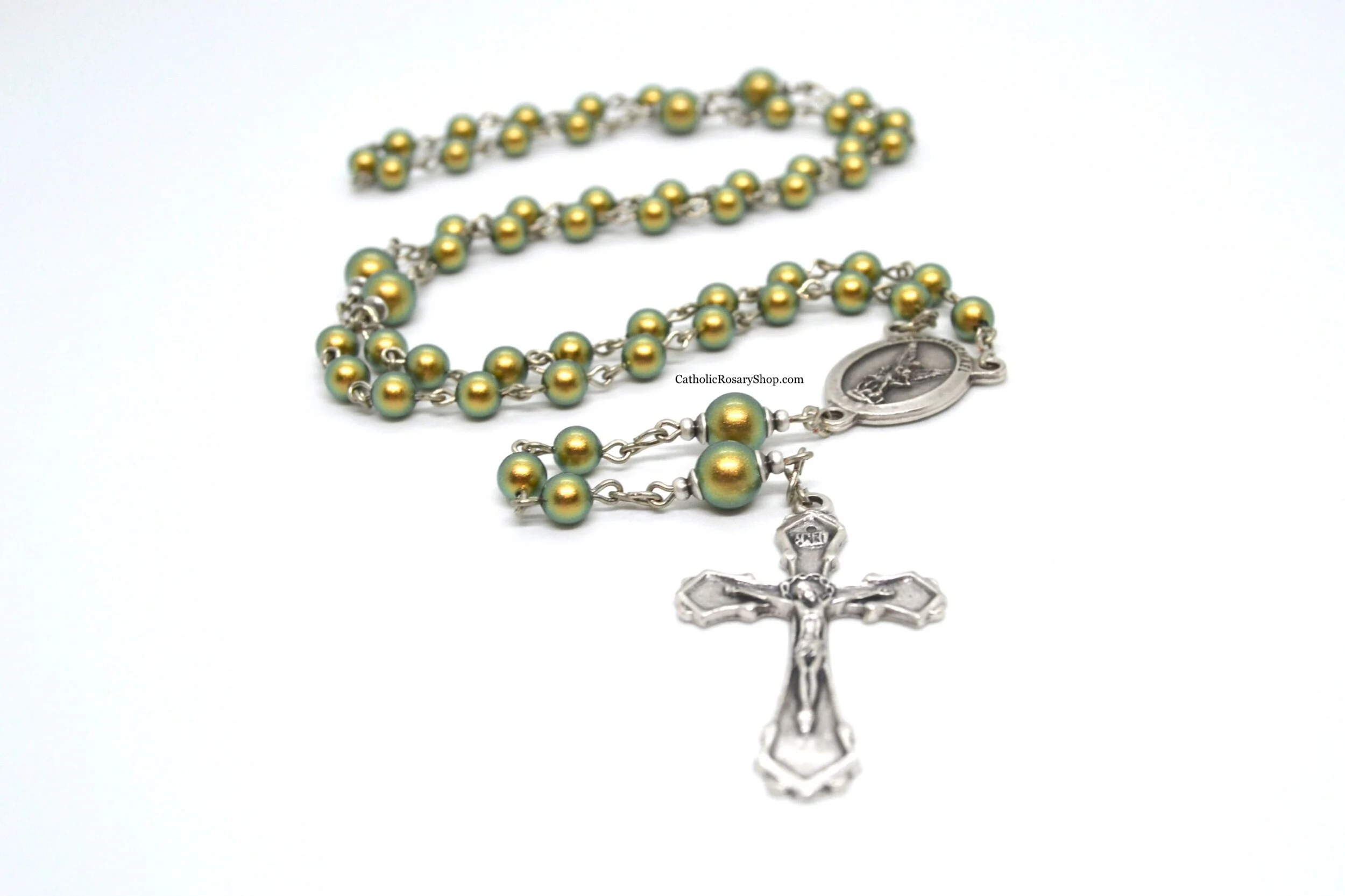 Iridescent Olivine Green Austrian Crystal Pearl Rosary | Custom Rosary for Men and Boys | Personalized Rosary Gifts for Dad