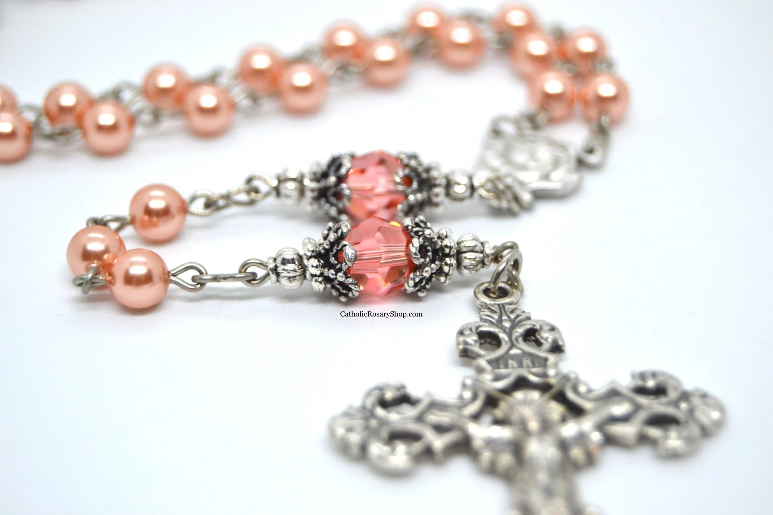 Peachy Coral Pearl and Crystal Rosary