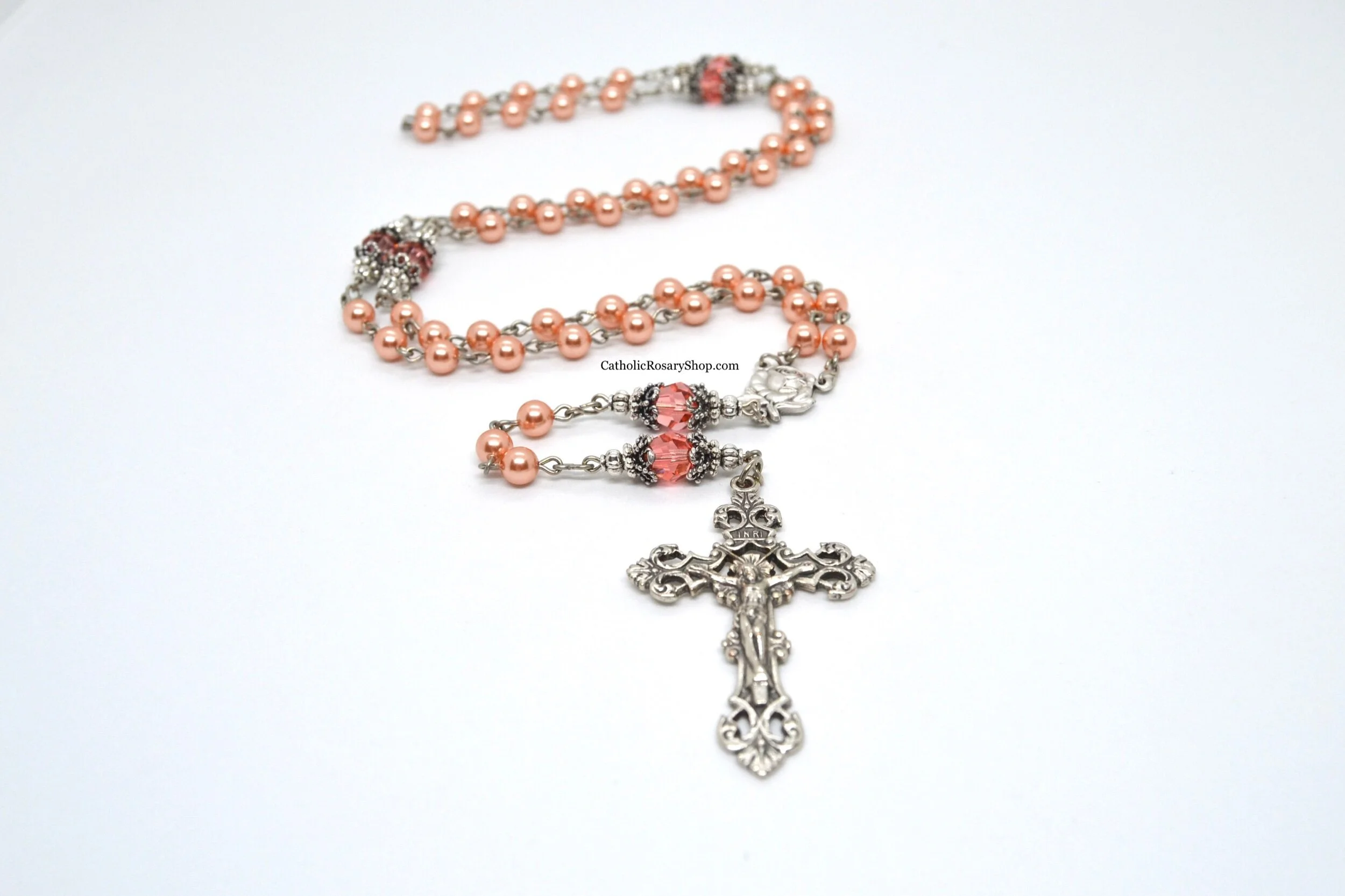 Peachy Coral Pearl and Crystal Rosary | Rosary Gifts for Women and Girls | Personalized Rosary for Baptism, First Communion and Confirmation