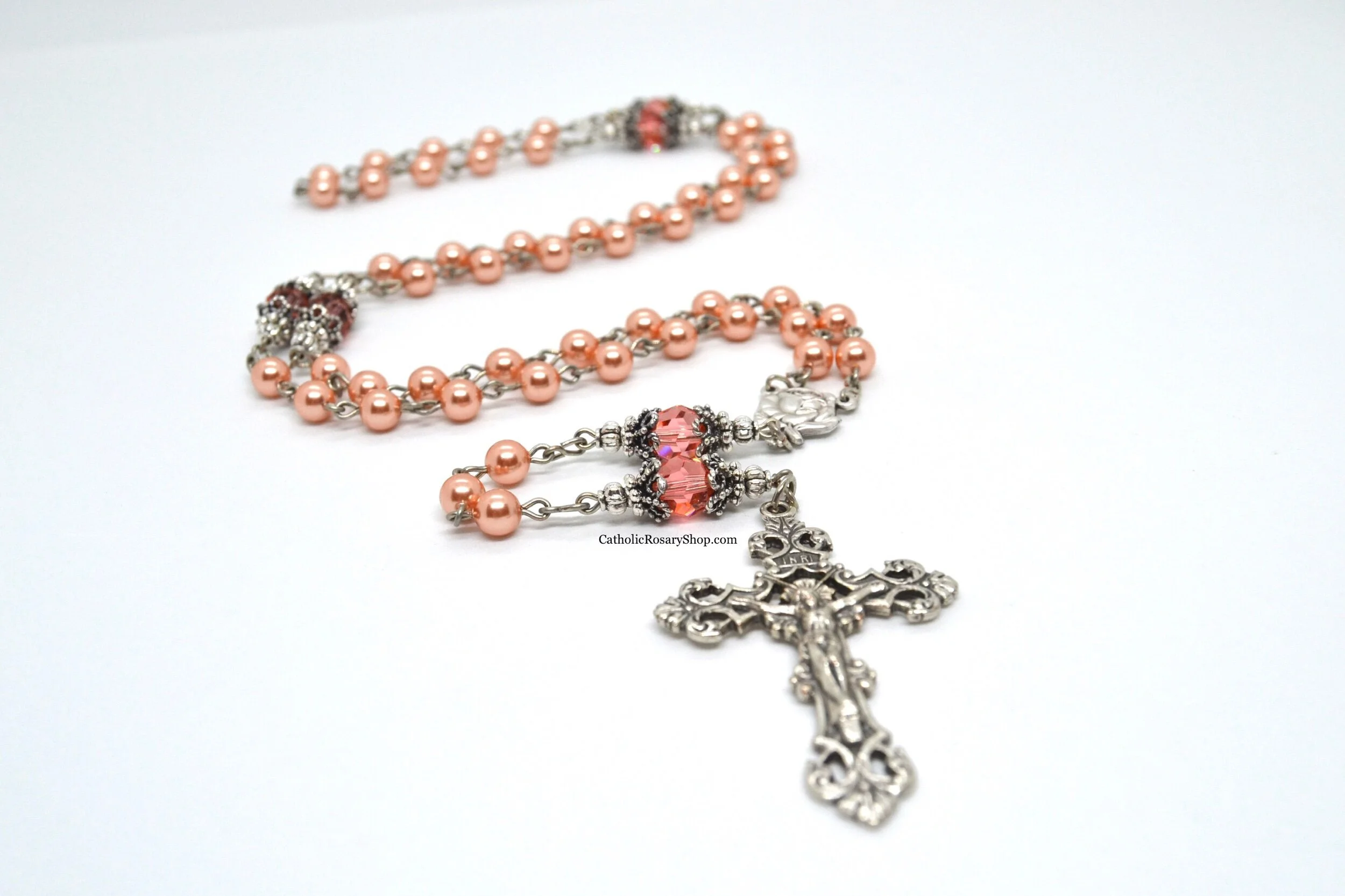 Peachy Coral Pearl and Crystal Rosary | Rosary Gifts for Women and Girls | Personalized Rosary for Baptism, First Communion and Confirmation