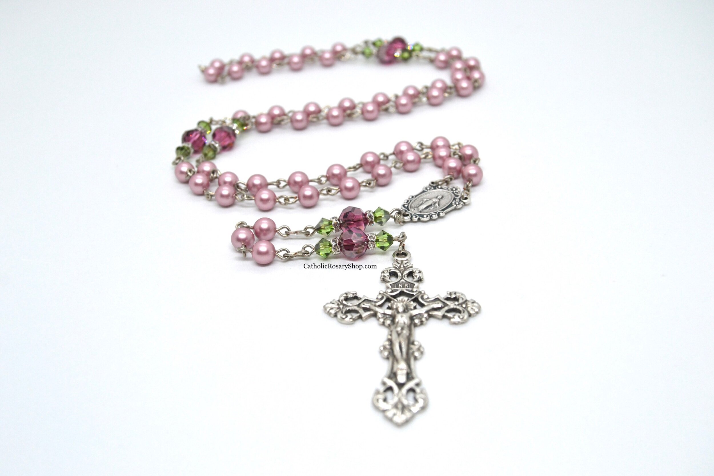 Satin Rose Crystal and Powder Rose Pearl Rosary | Limited Edition | Personalized Rosary Gifts for Mom