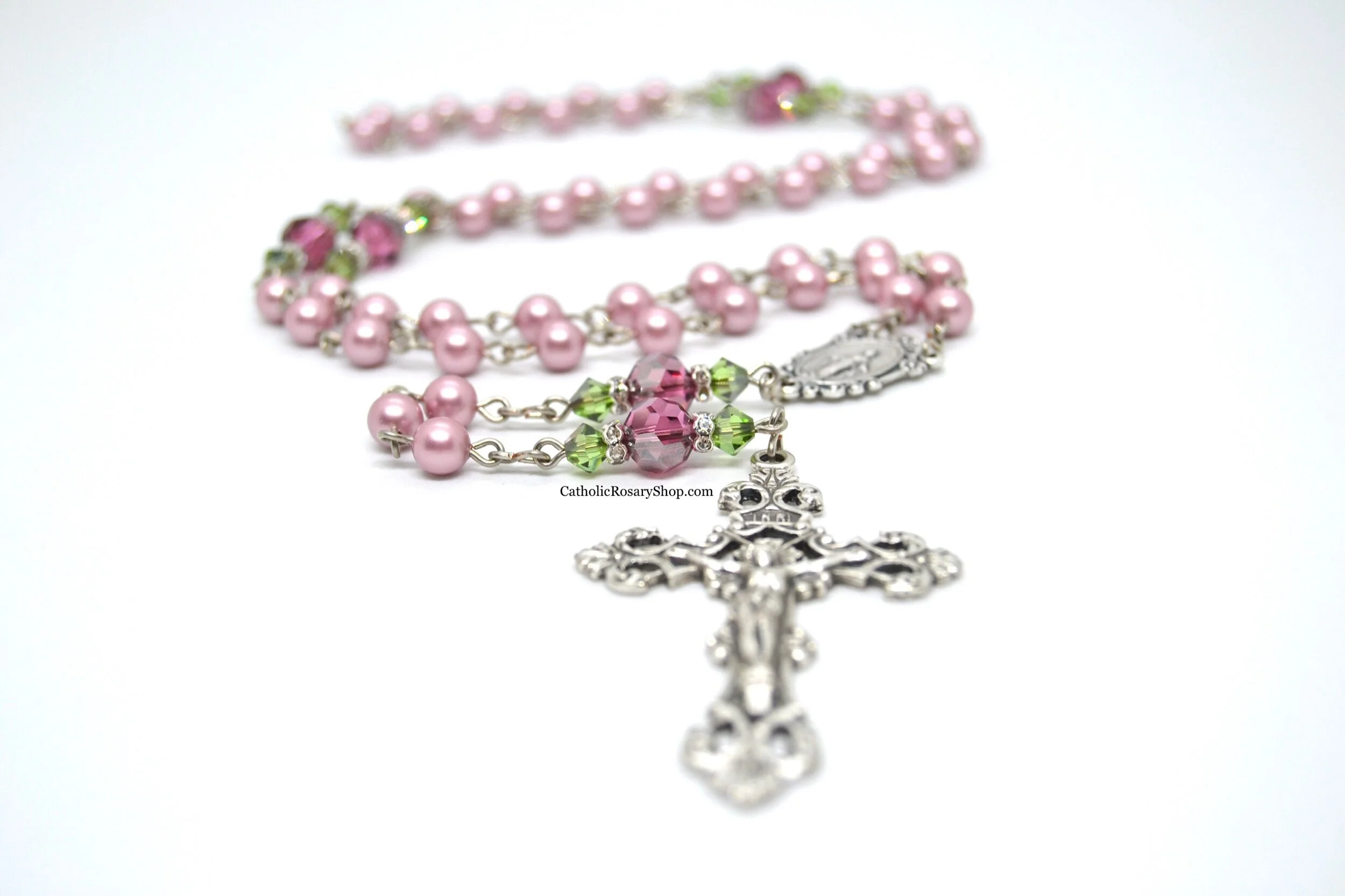 Satin Rose Crystal and Powder Rose Pearl Rosary | Limited Edition | Personalized Rosary Gifts for Mom