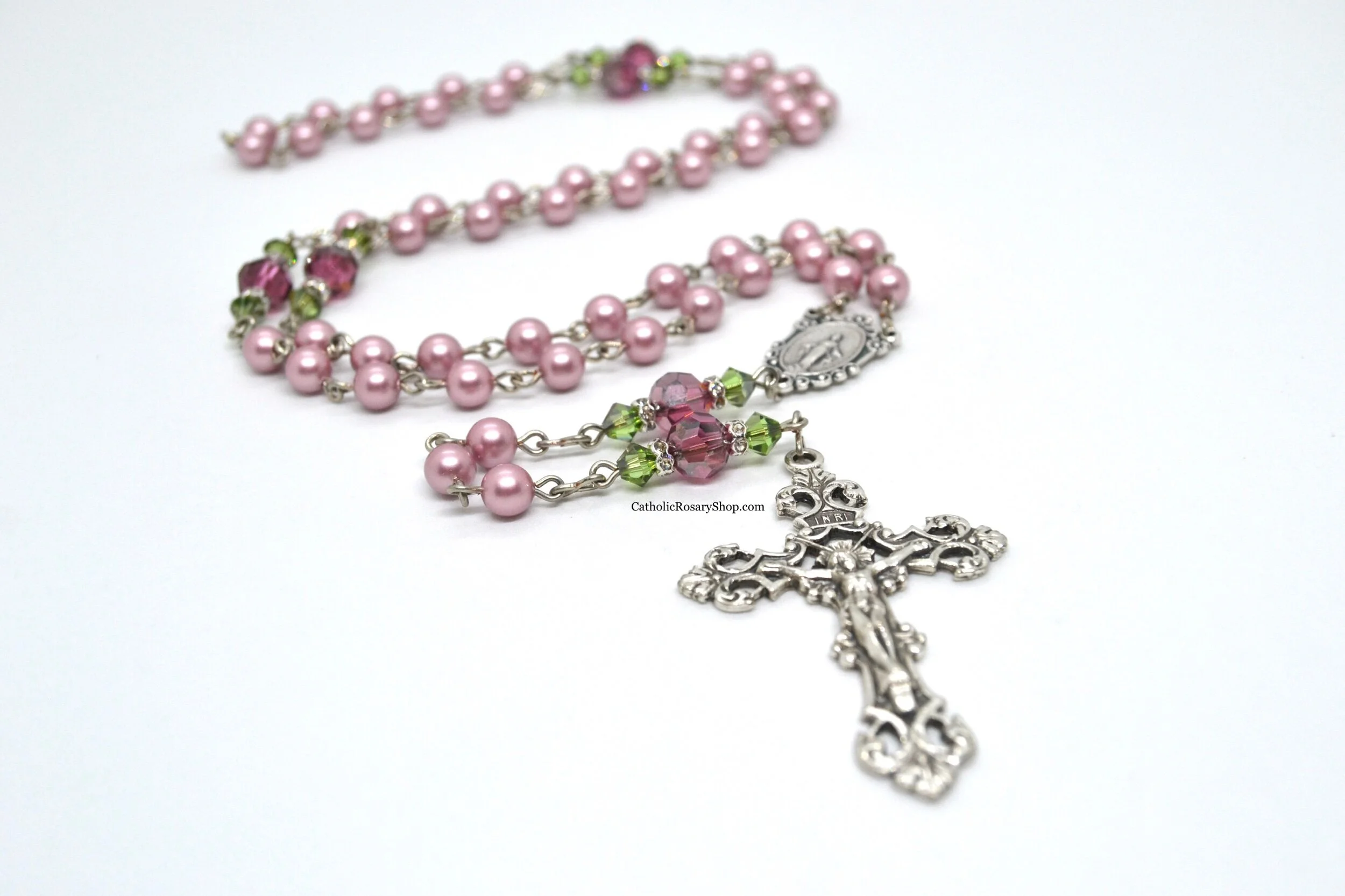 Satin Rose Crystal and Powder Rose Pearl Rosary | Limited Edition | Personalized Rosary Gifts for Mom