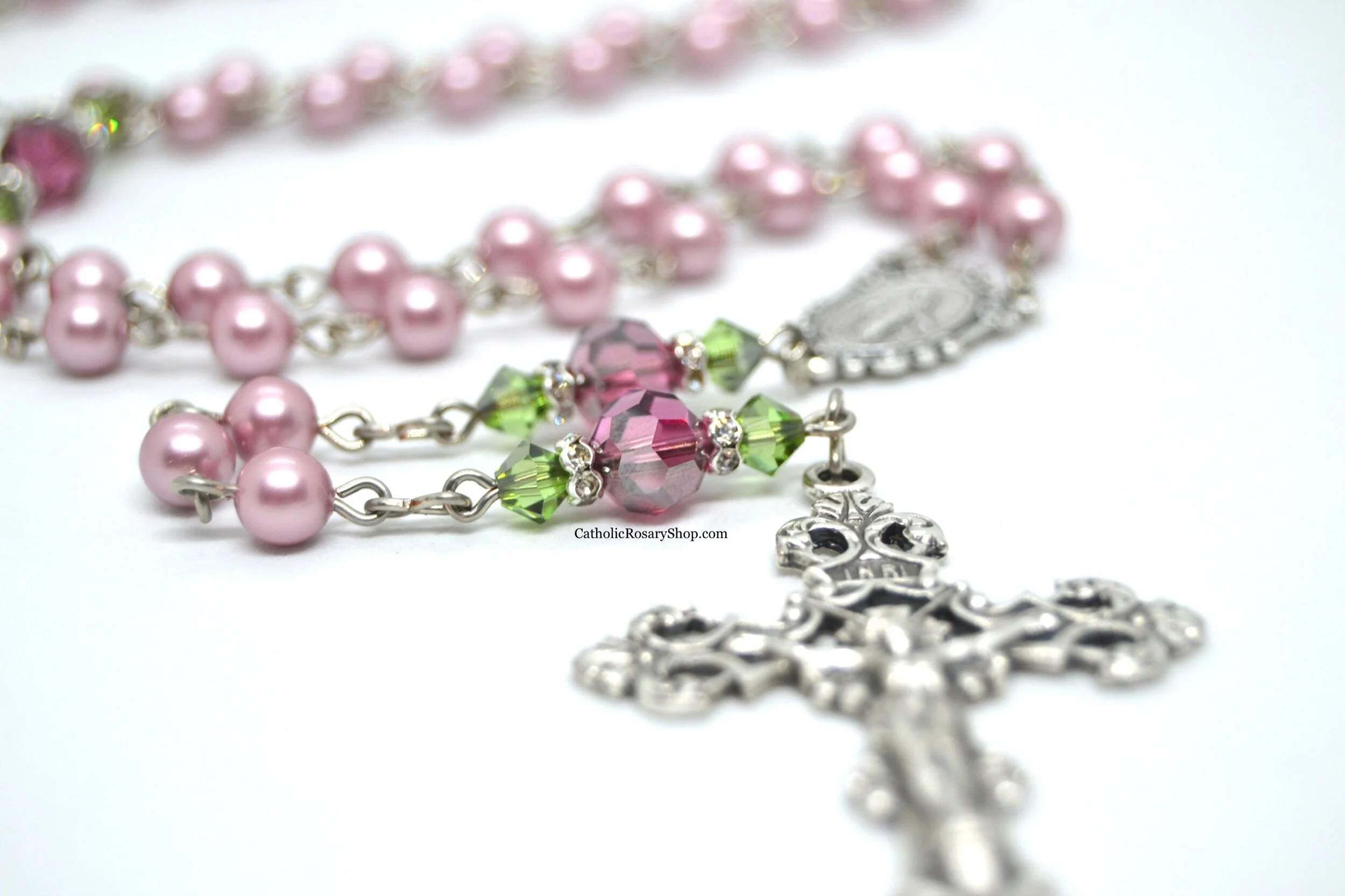 Satin Rose Crystal and Powder Rose Pearl Rosary | Limited Edition