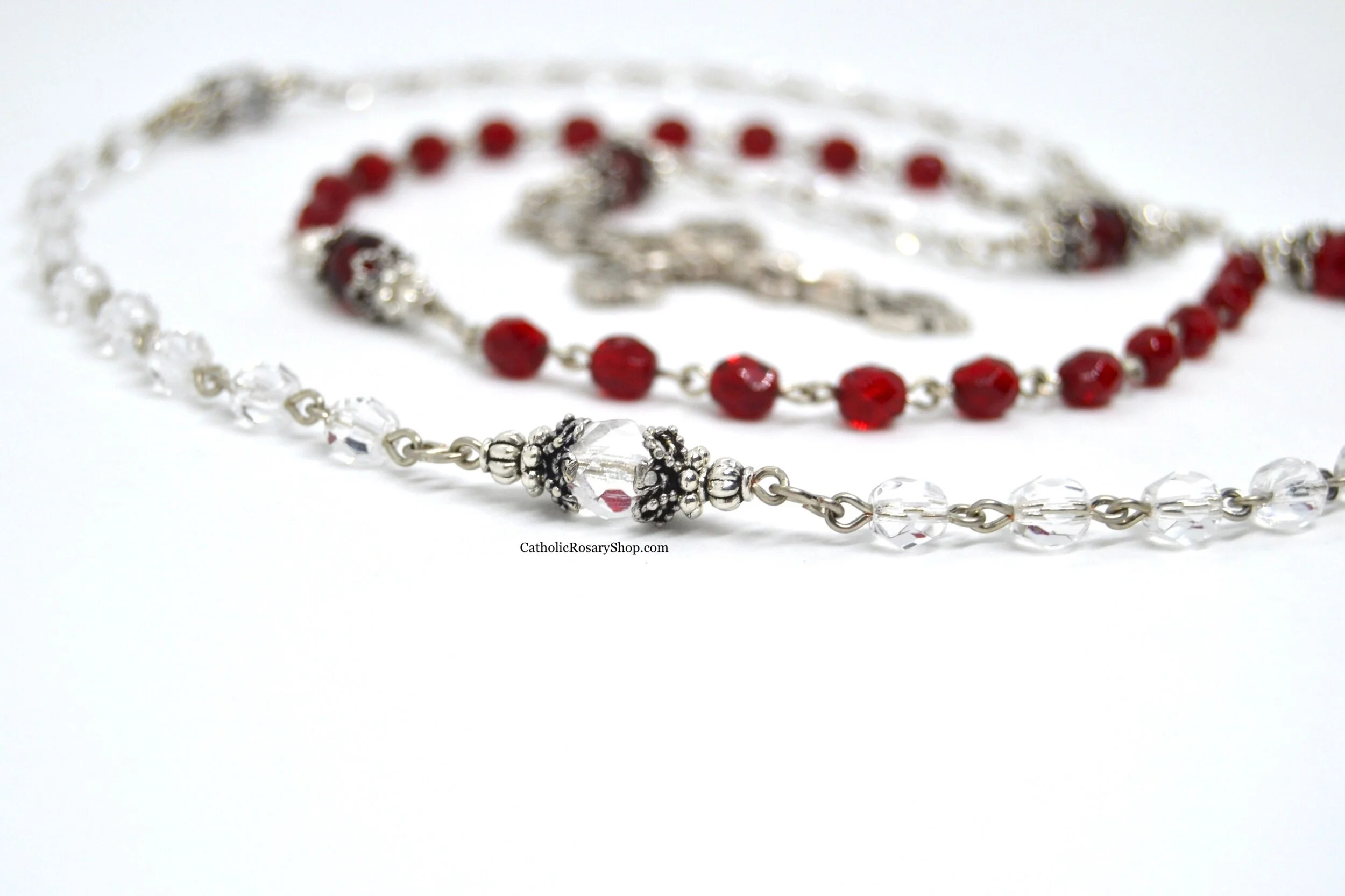 Divine Mercy Rosary in Half Red Half Clear Czech Crystal Beads