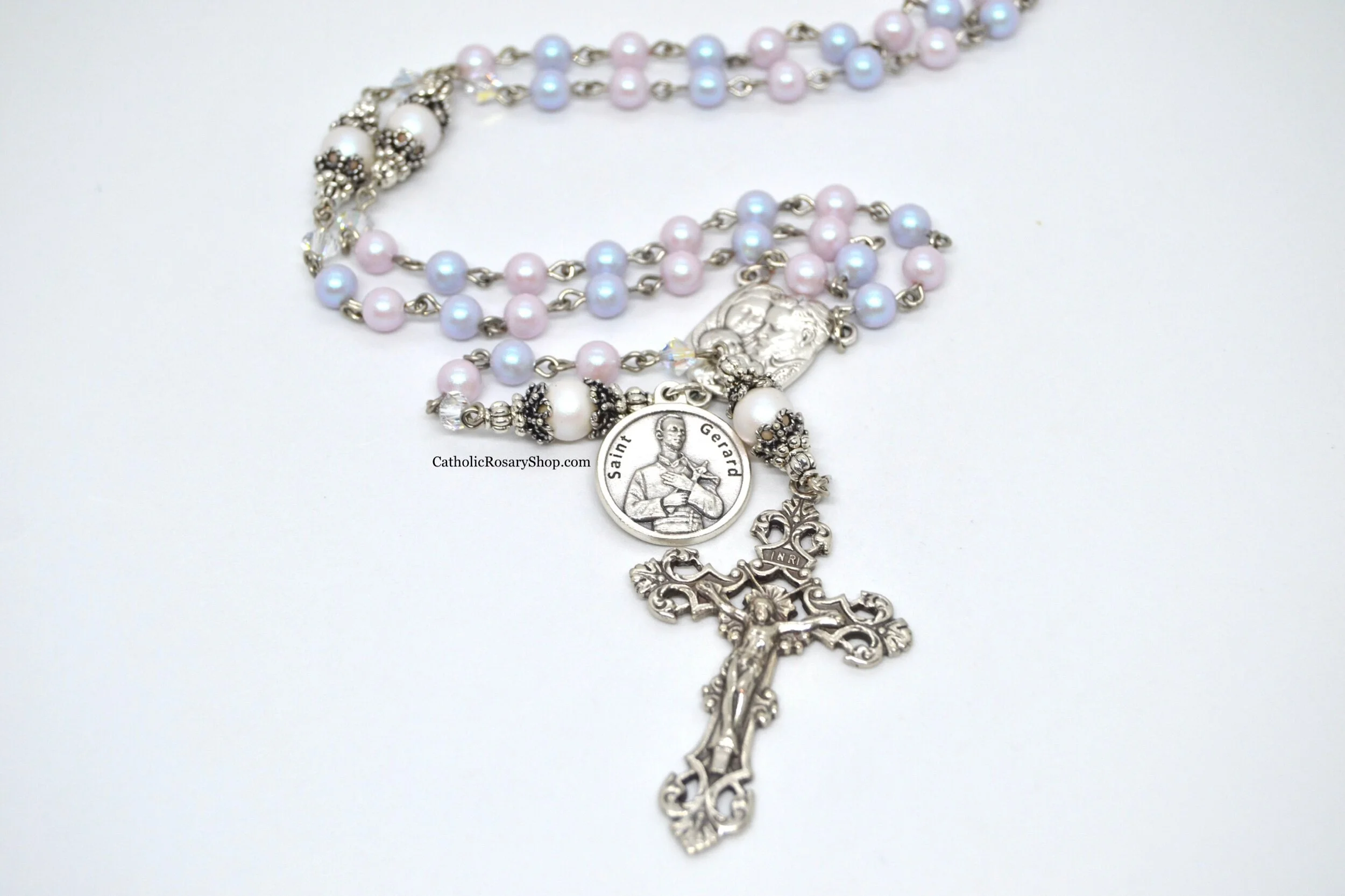 Saint Gerard Fertility Rosary | Pink and Blue Austrian Crystal Pearl Rosary | Personalized Rosary Gifts