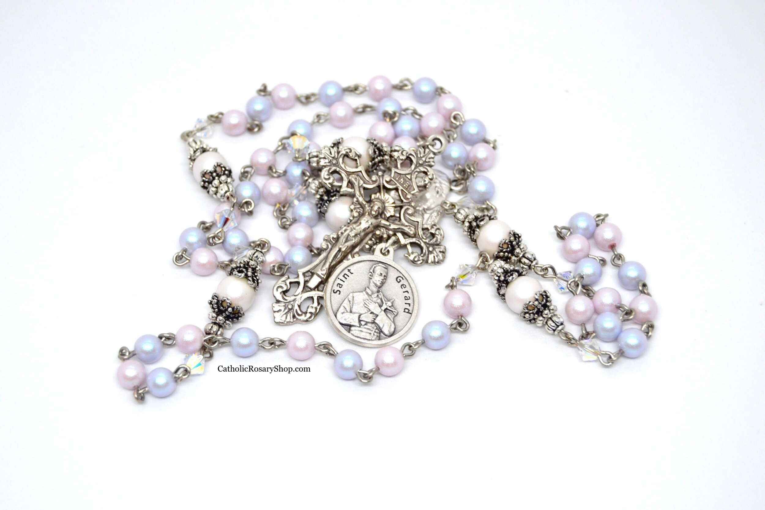 Saint Gerard Fertility Rosary | Pink and Blue Austrian Crystal Pearl Rosary | Personalized Rosary Gifts