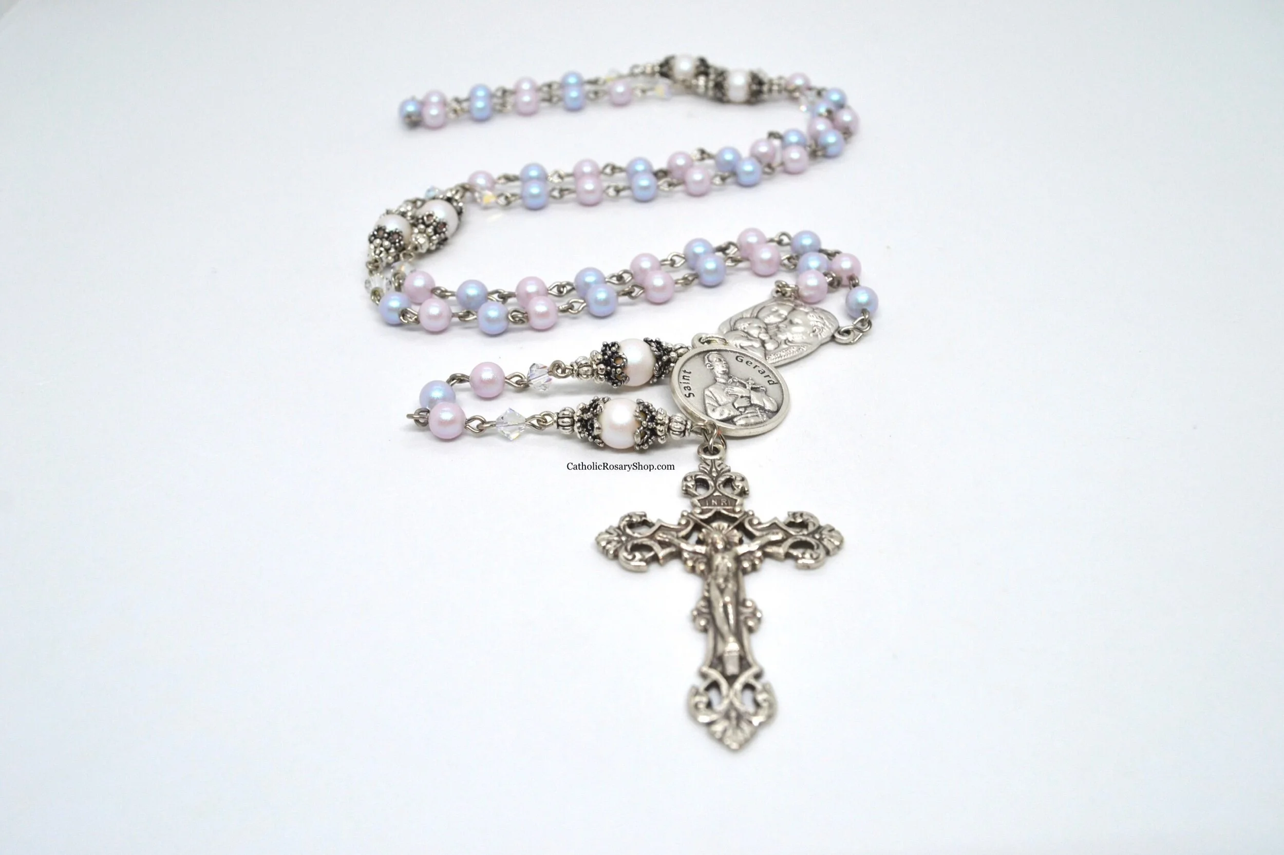 Saint Gerard Fertility Rosary | Pink and Blue Austrian Crystal Pearl Rosary | Personalized Rosary Gifts